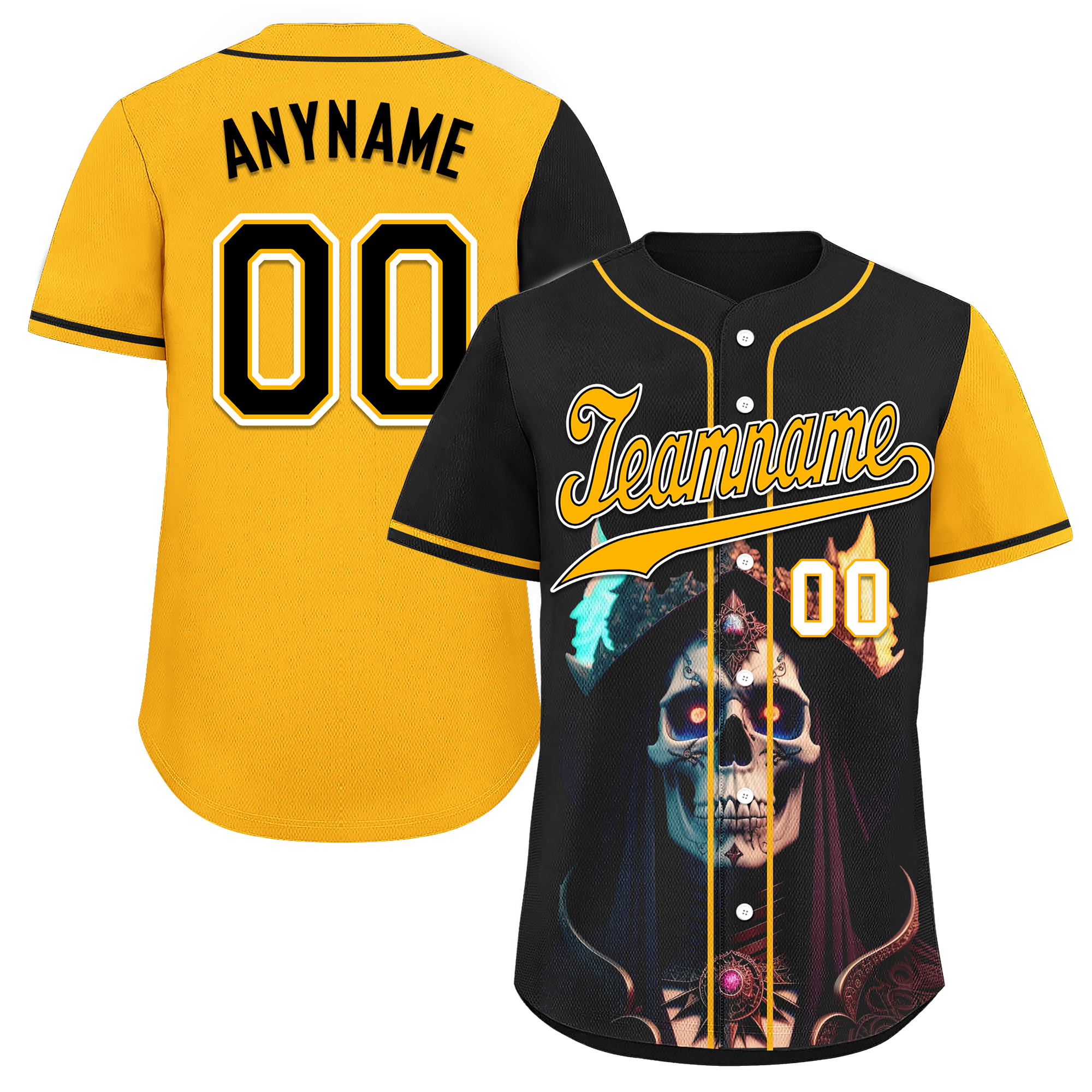 Custom Black Yellow Skull Fashion Personalized Authentic Baseball Jersey BSBJ01-D017155
