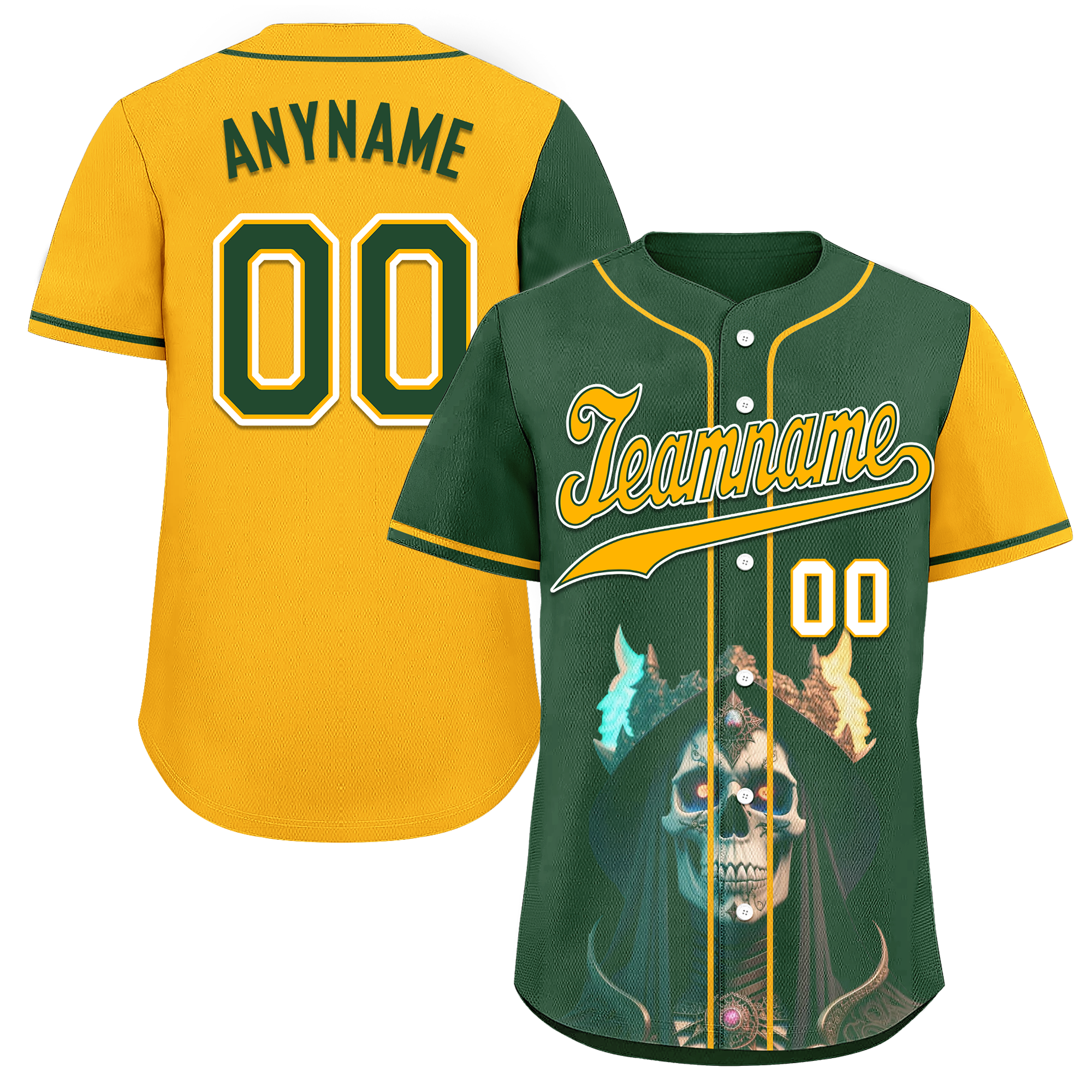 Custom Green Yellow Skull Fashion Personalized Authentic Baseball Jersey BSBJ01-D017154