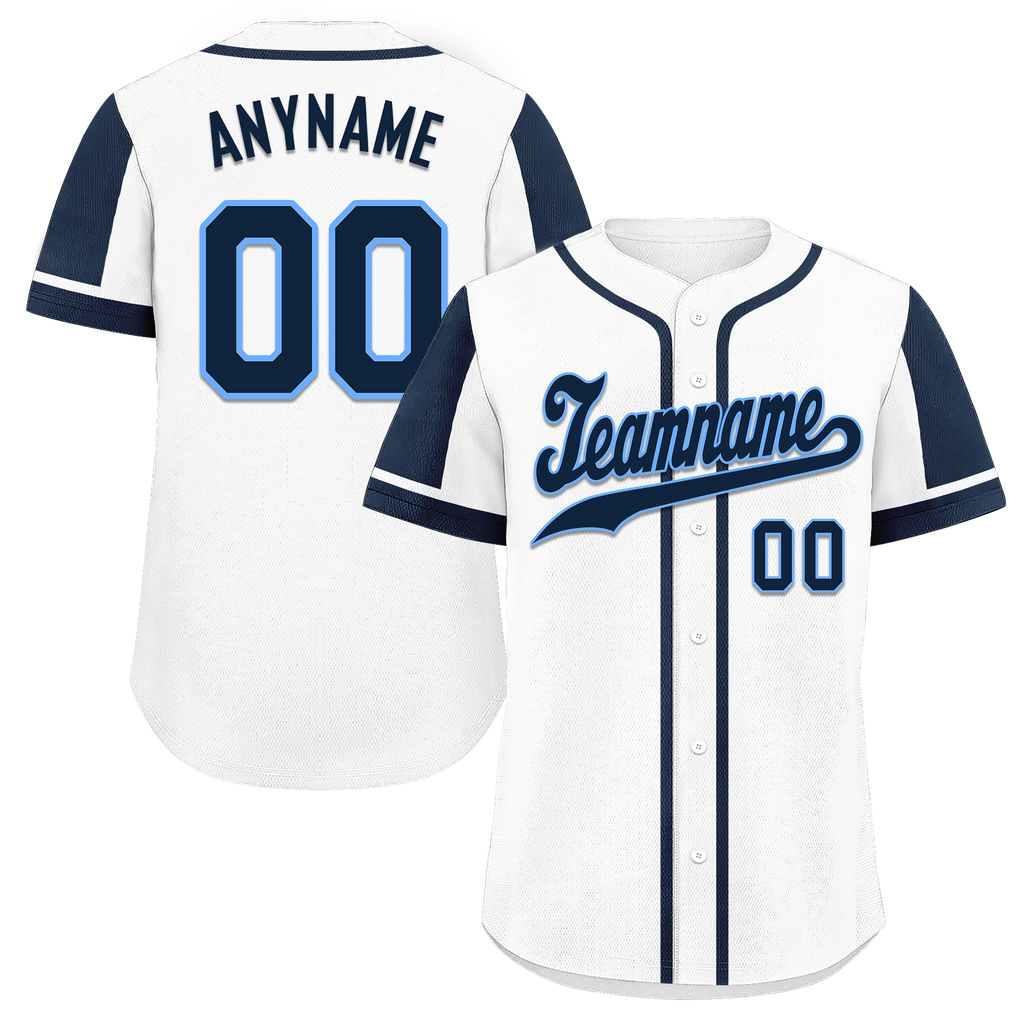 Custom White Blue Raglan Sleeves Personalized Authentic Baseball Jersey BSBJ01-D017164