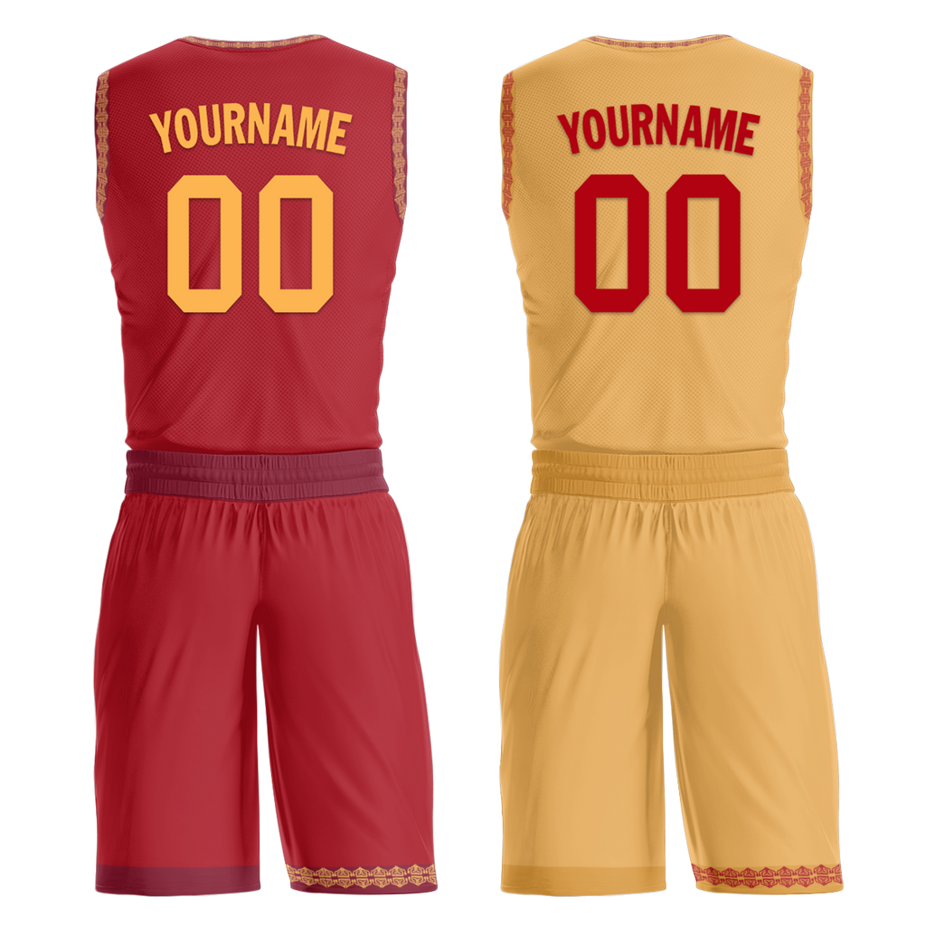 Custom Red Yellow Classic Style Reversible Basketball Uniform Personalized COOLMAX BBJR-D017011