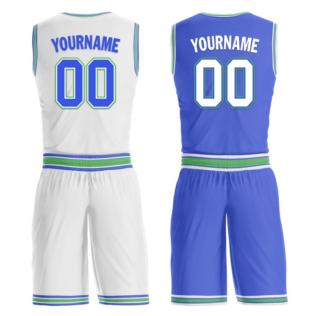Custom White Blue Classic Style Reversible Basketball Uniform Personalized COOLMAX BBJR-D017045