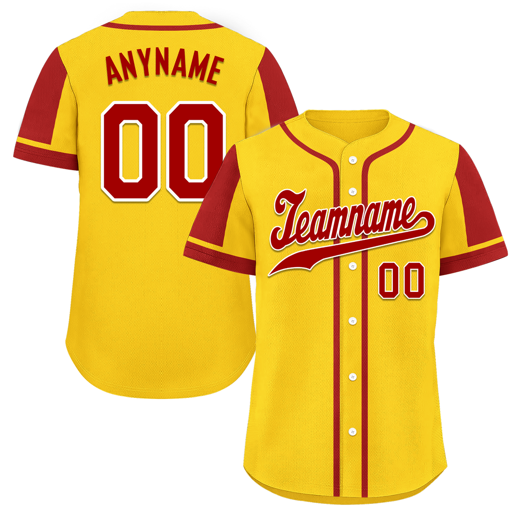 Custom Yellow Red Raglan Sleeves Personalized Authentic Baseball Jersey BSBJ01-D017203