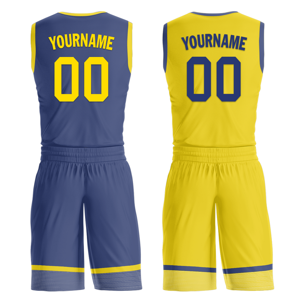 Custom Blue Yellow Classic Style Reversible Basketball Uniform Personalized COOLMAX BBJR-D017003
