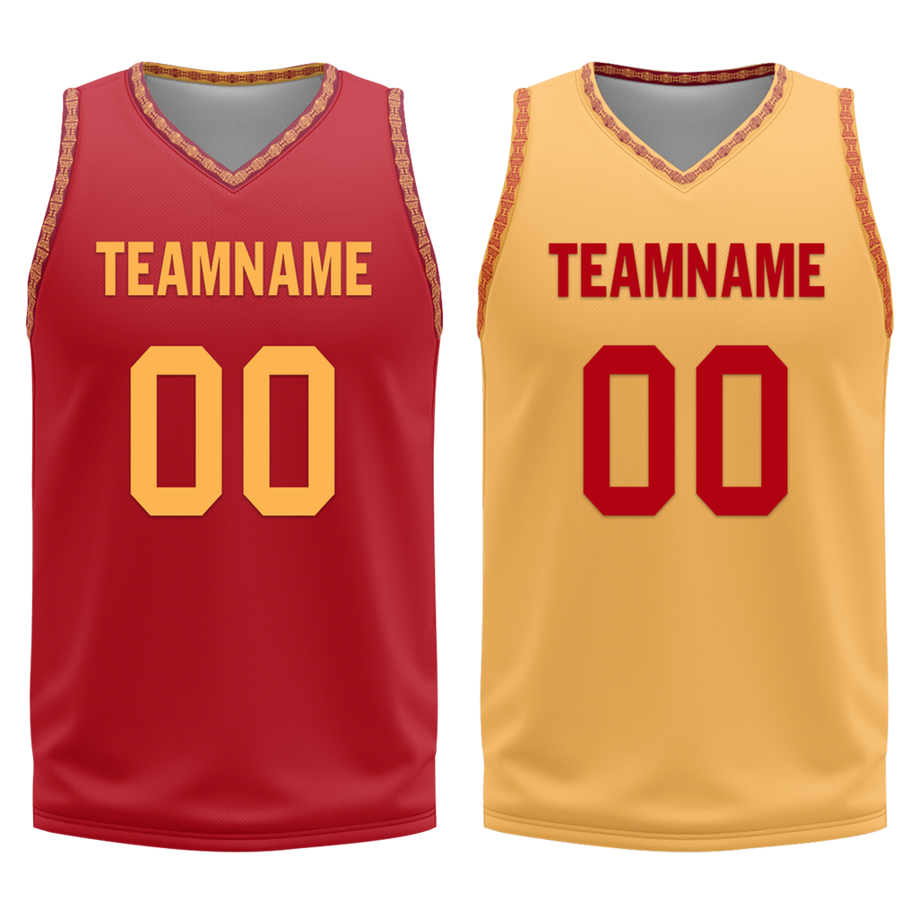 Custom Red Yellow Classic Style Reversible Basketball Uniform Personalized COOLMAX BBJR-D017011