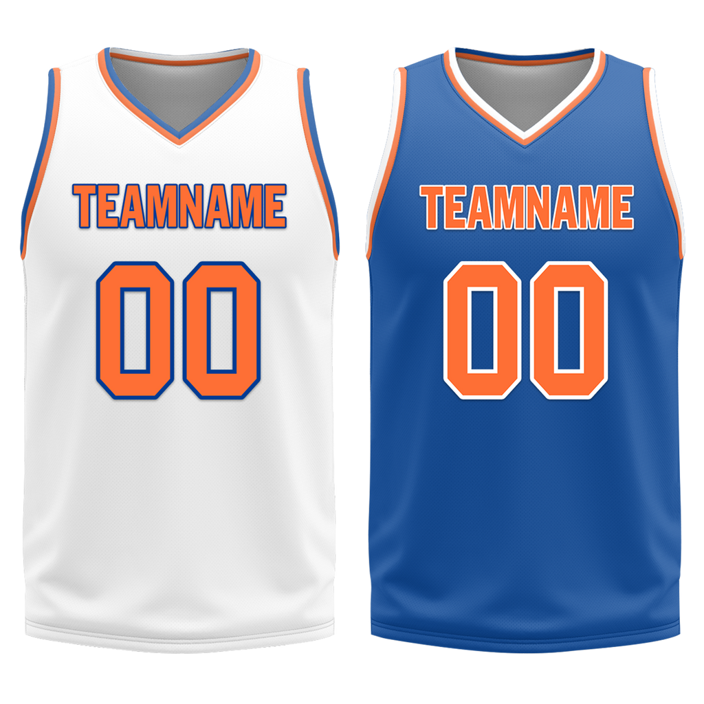 Custom White Blue Classic Style Reversible Basketball Uniform Personalized COOLMAX BBJR-D017016