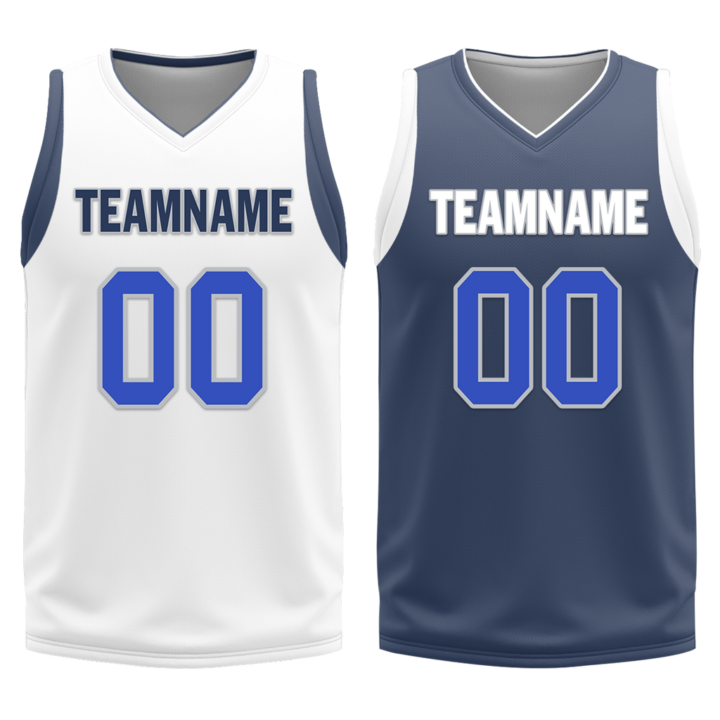 Custom White Blue Classic Style Reversible Basketball Uniform Personalized COOLMAX BBJR-D017054