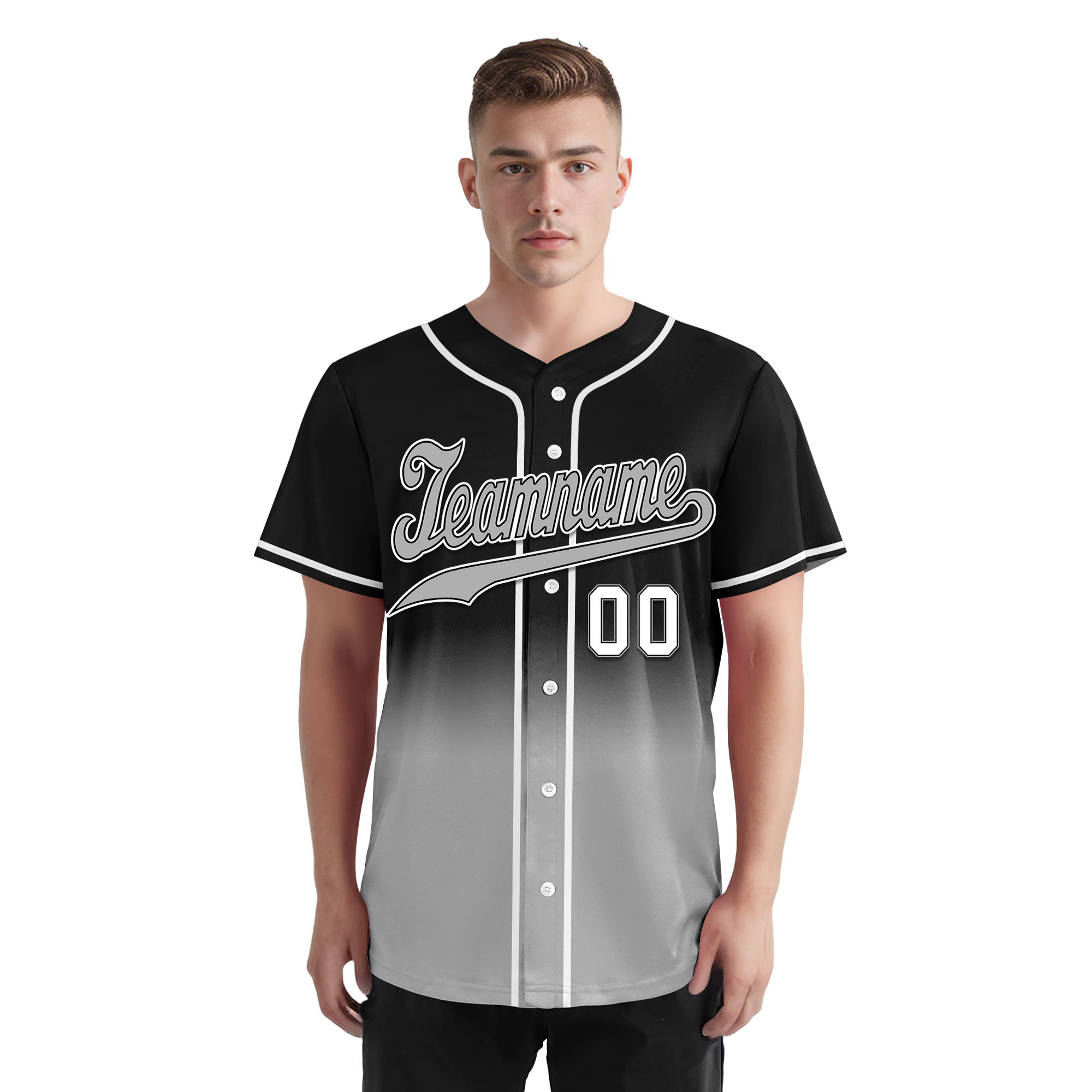 Custom Black Grey Fade Embroidered Baseball Jersey
