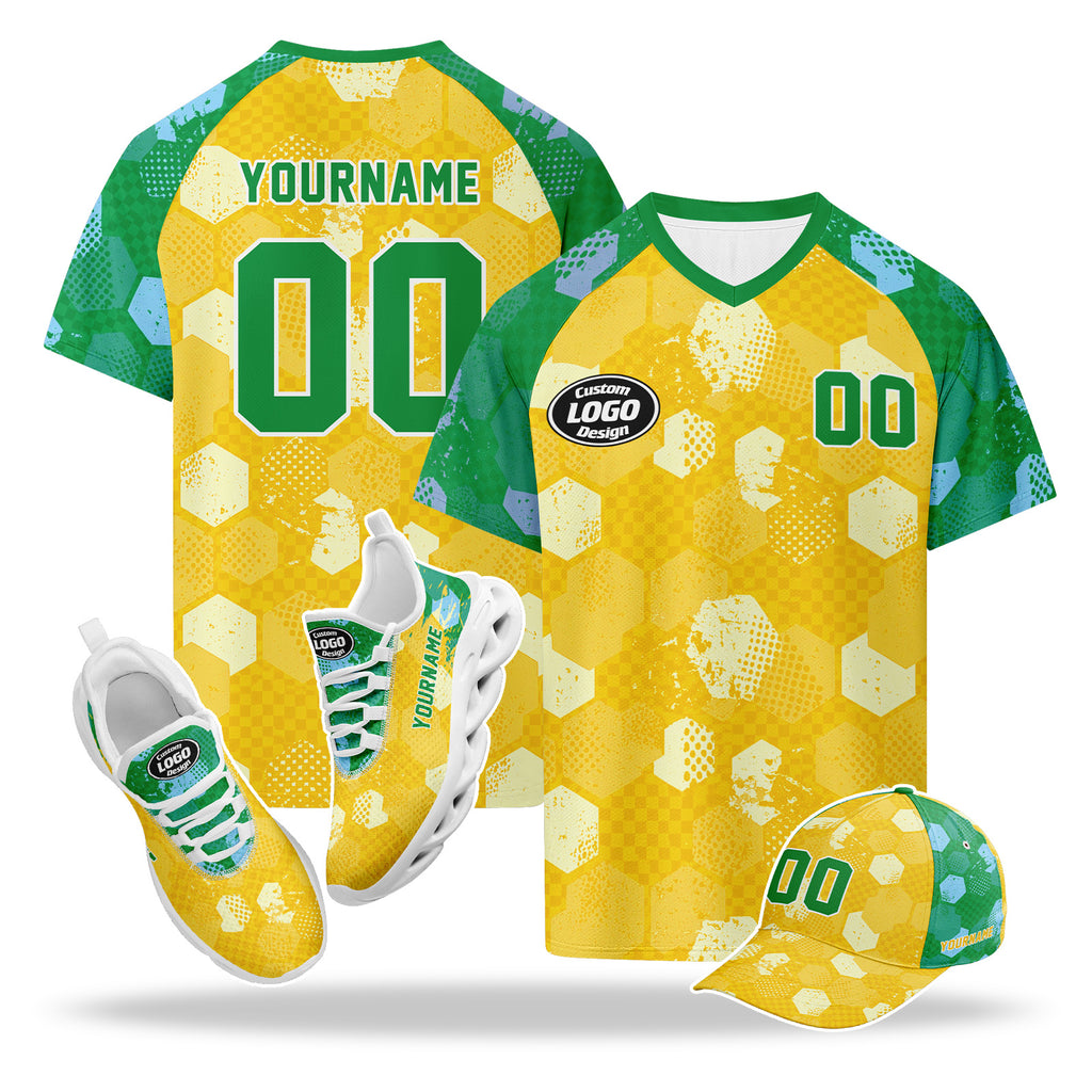 Custom 2026 World Cup Brazil High Quality Soccer Stadium Version Jersey Sneakers Sports Shoes and Hat Combo Offer Personalized Team Name and Logo ZH-F027089-3