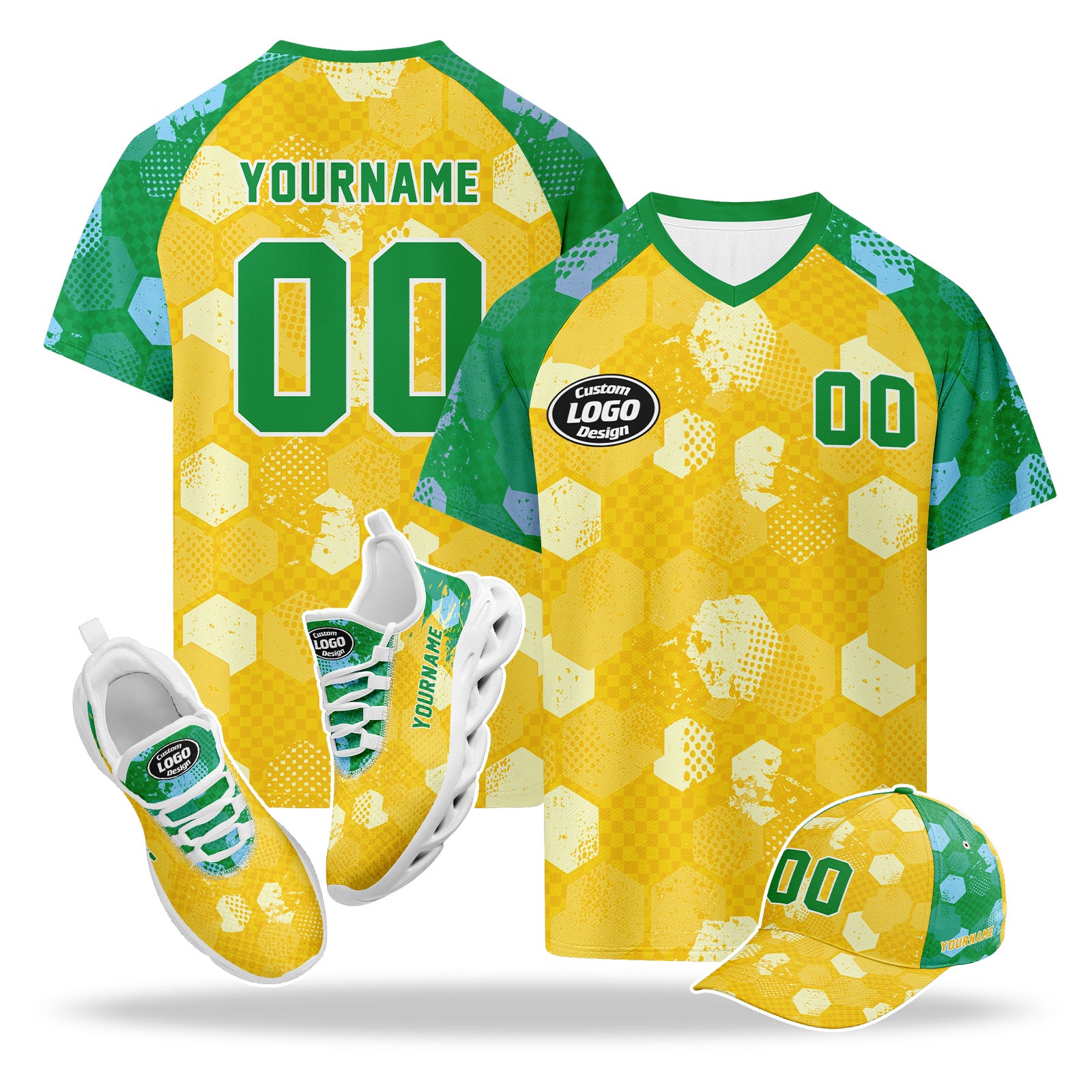 Custom 2026 World Cup Brazil High Quality Soccer Stadium Version Jersey Sneakers Sports Shoes and Hat Combo Offer Personalized Team Name and Logo ZH-F027089-3