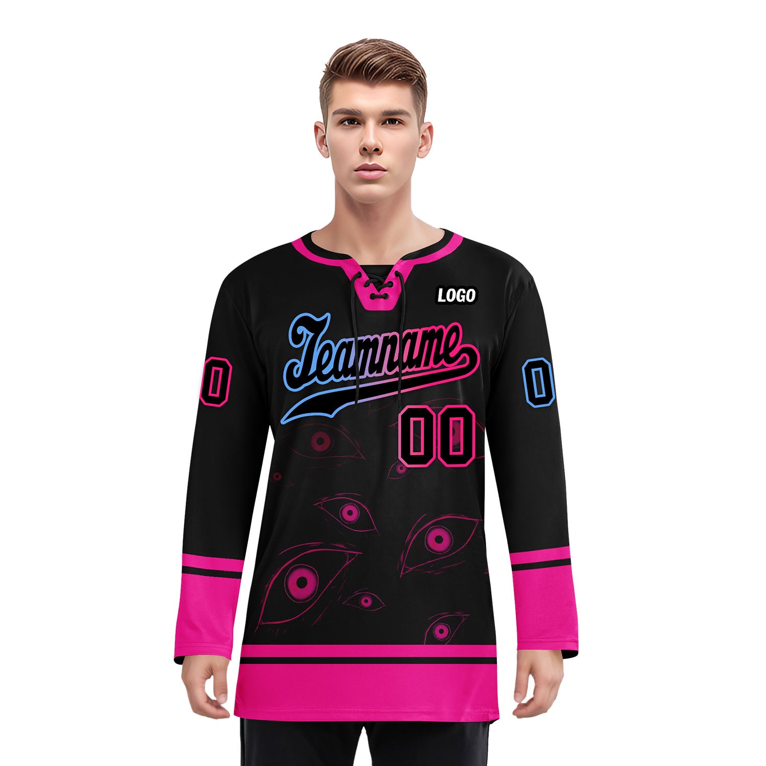 Custom Black Pink Light blue Gothic Personalized Hockey Jersey HCKJ01-E0601-05