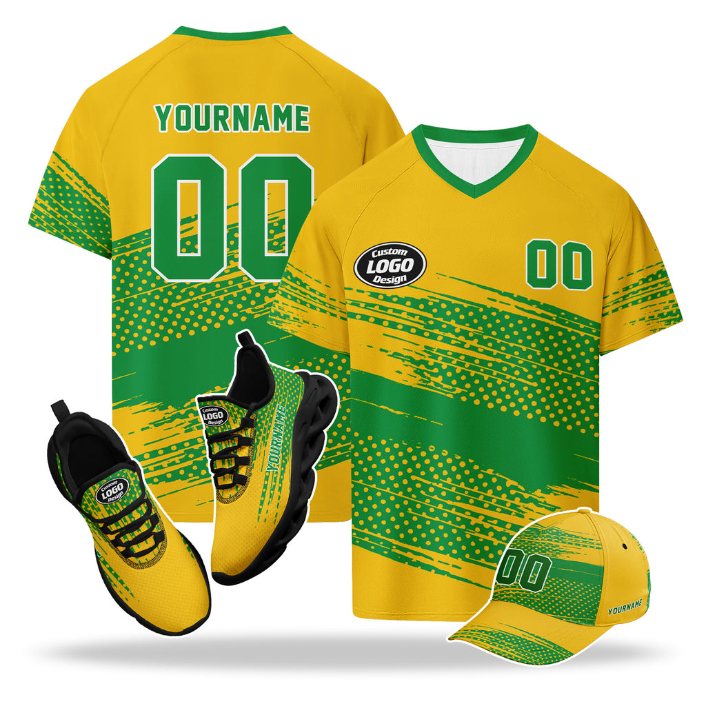 Custom 2026 World Cup Brazil High Quality Soccer Stadium Version Jersey Sneakers Sports Shoes and Hat Combo Offer Personalized Team Name and Logo ZH-F027089-5