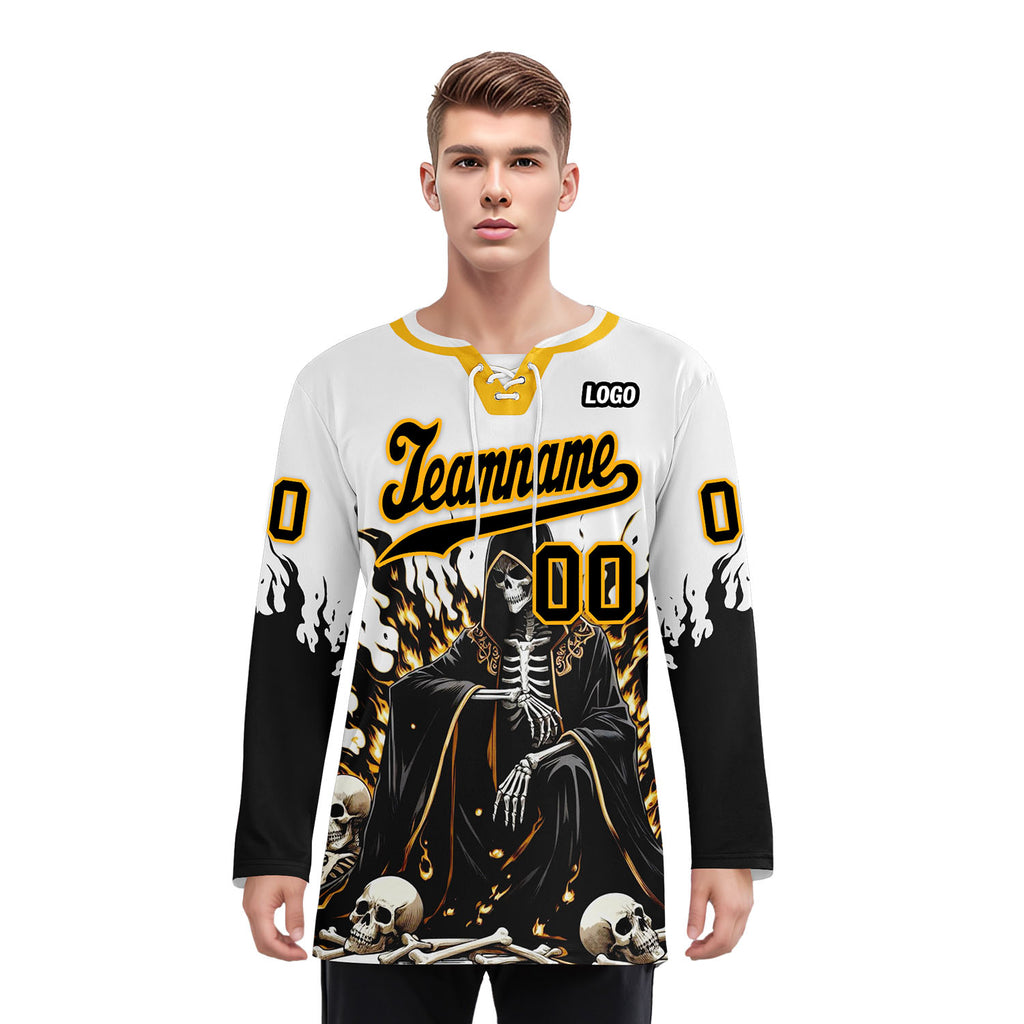 Custom White Black Gold Gothic Personalized Hockey Jersey HCKJ01-E0601-13