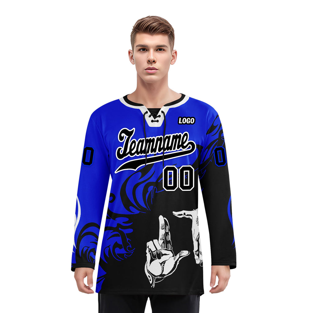 Custom Blue Black White Gothic Personalized Hockey Jersey HCKJ01-E0601-11