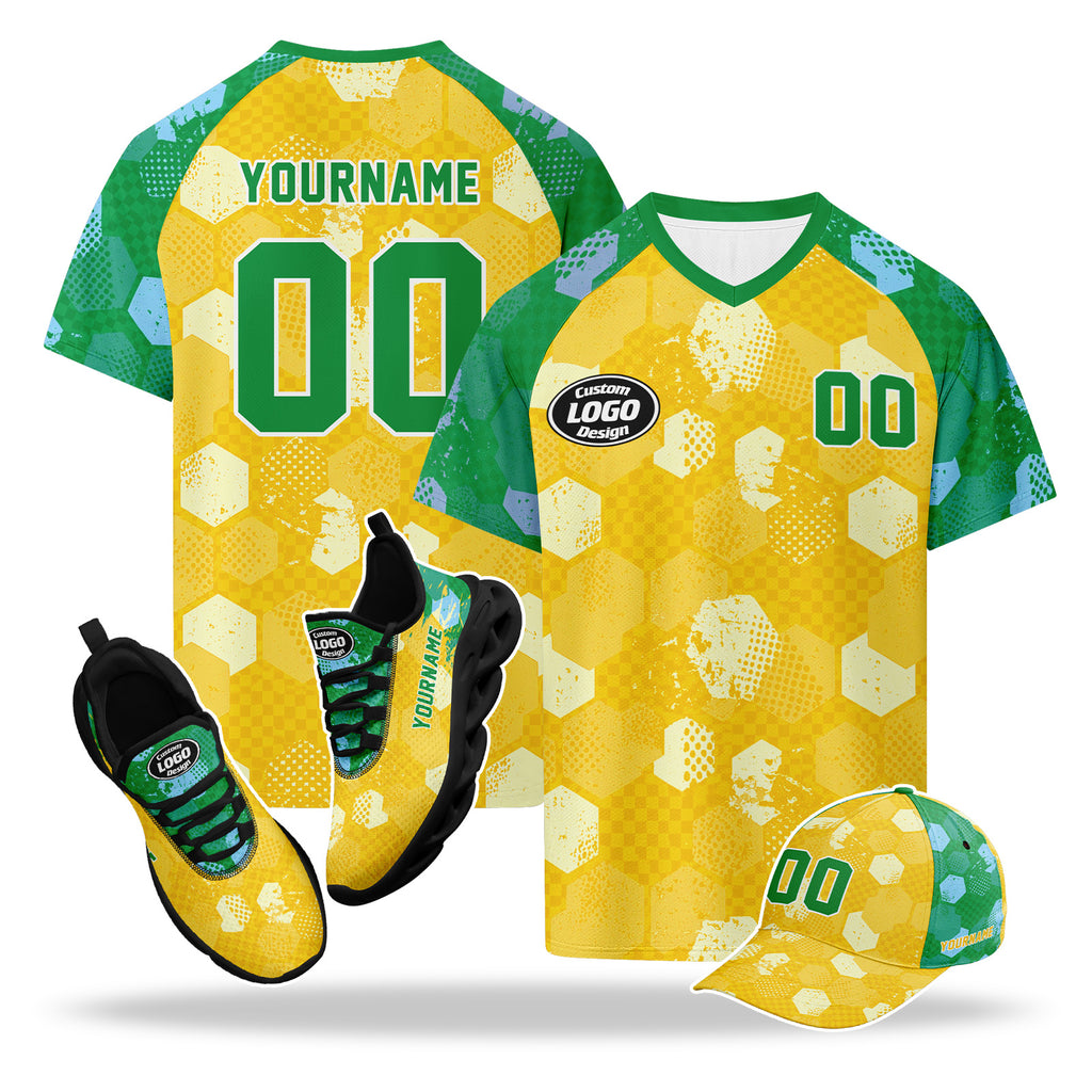 Custom 2026 World Cup Brazil High Quality Soccer Stadium Version Jersey Sneakers Sports Shoes and Hat Combo Offer Personalized Team Name and Logo ZH-F027089-3