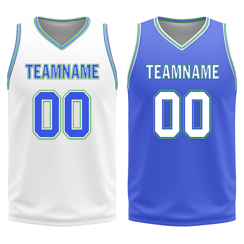 Custom White Blue Classic Style Reversible Basketball Uniform Personalized COOLMAX BBJR-D017045