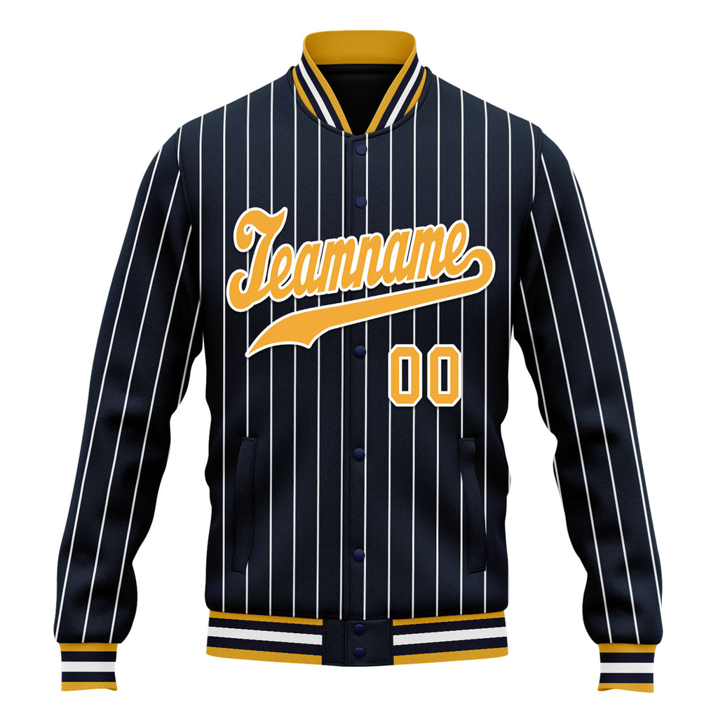 Custom Navy Yellow Stripe Fashion Jacket Bomber Full-Snap Varsity Letterman Personalized Jacket FZ005-D020219-21