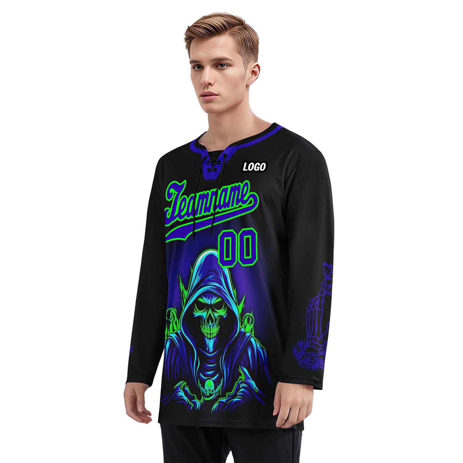 Custom Black Blue Green Gothic Personalized Hockey Jersey HCKJ01-E0601-09
