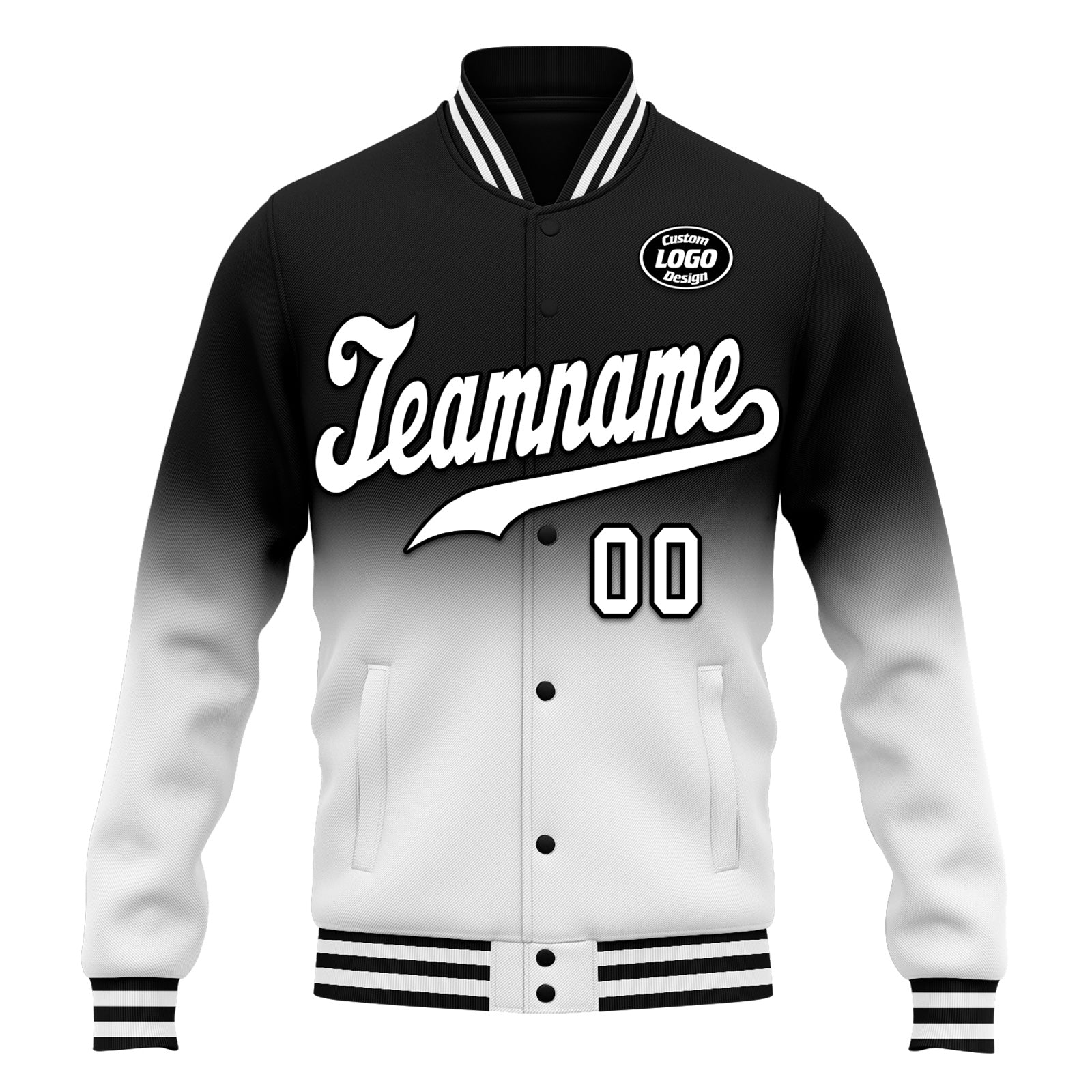 Custom Black White Fade Fashion Jacket Bomber Full-Snap Varsity Letterman Personalized Jacket FZ005-D020229-1