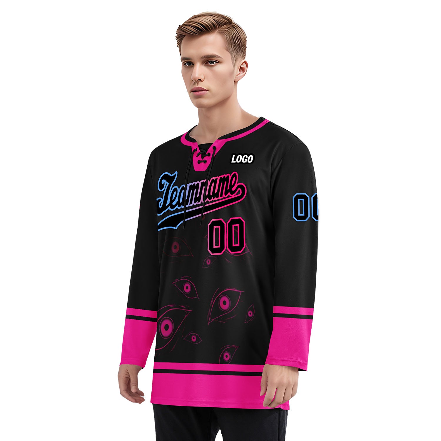 Custom Black Pink Light blue Gothic Personalized Hockey Jersey HCKJ01-E0601-05
