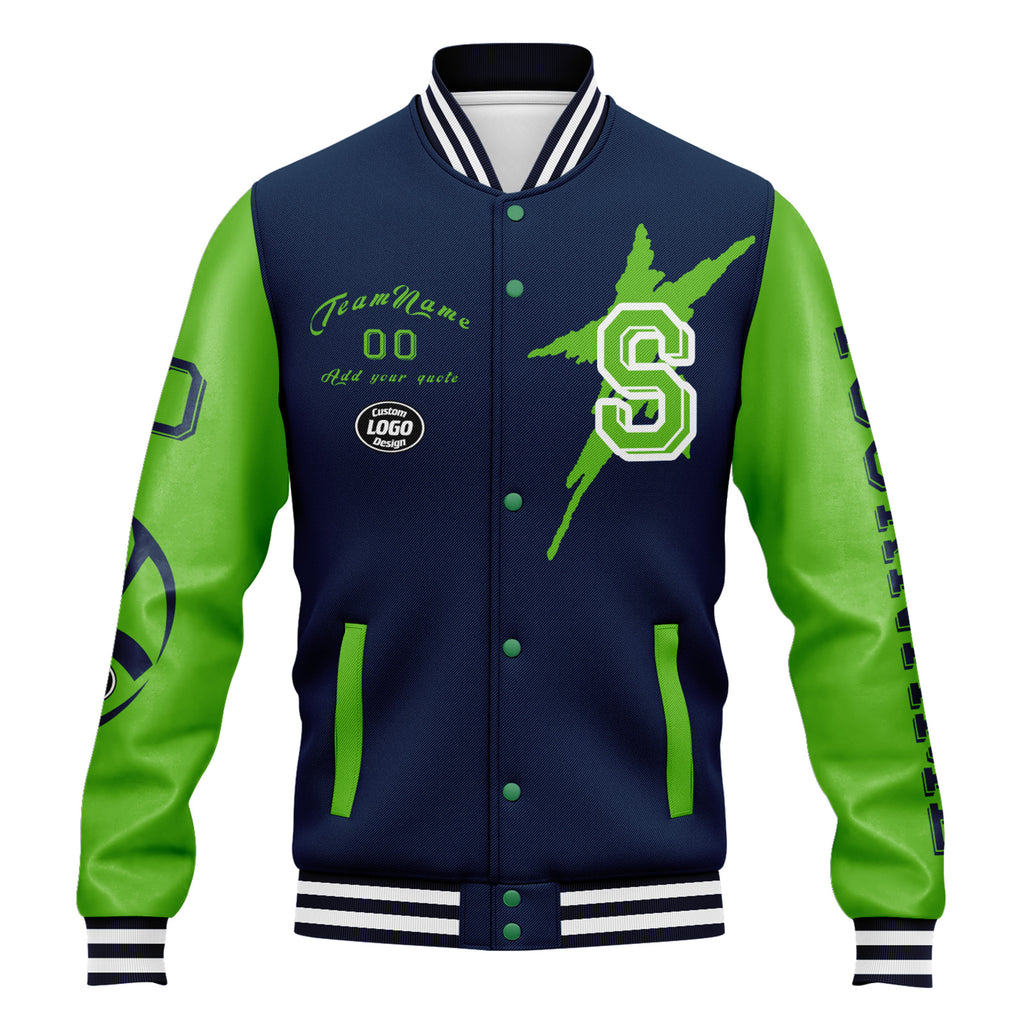 Custom Blue Green Seattle Jacket Bomber Full-Snap Varsity Letterman Personalized Jacket FZ005SX-D020290-27