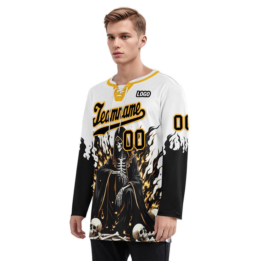 Custom White Black Gold Gothic Personalized Hockey Jersey HCKJ01-E0601-13