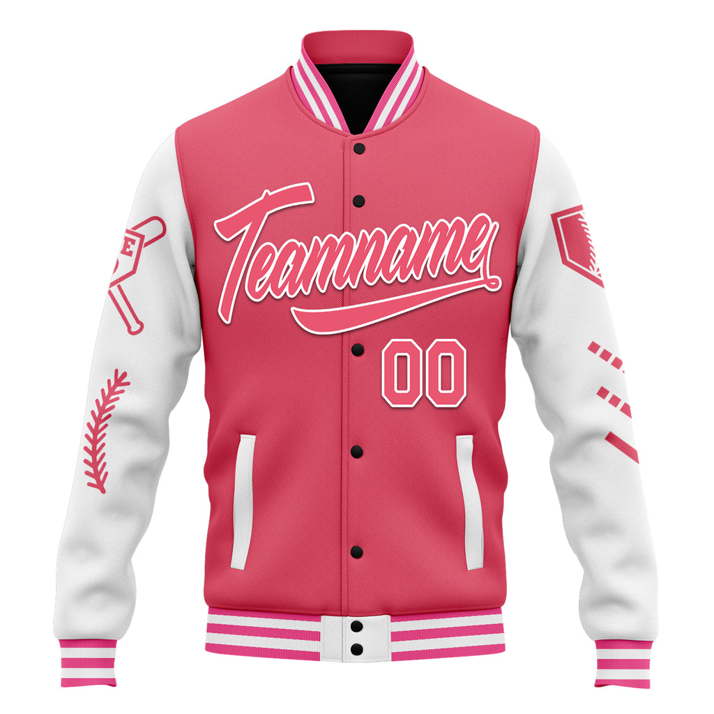 Custom Pink White Raglan Sleeves Jacket Bomber Full-Snap Varsity Letterman Personalized Jacket FZ005-D023002-7
