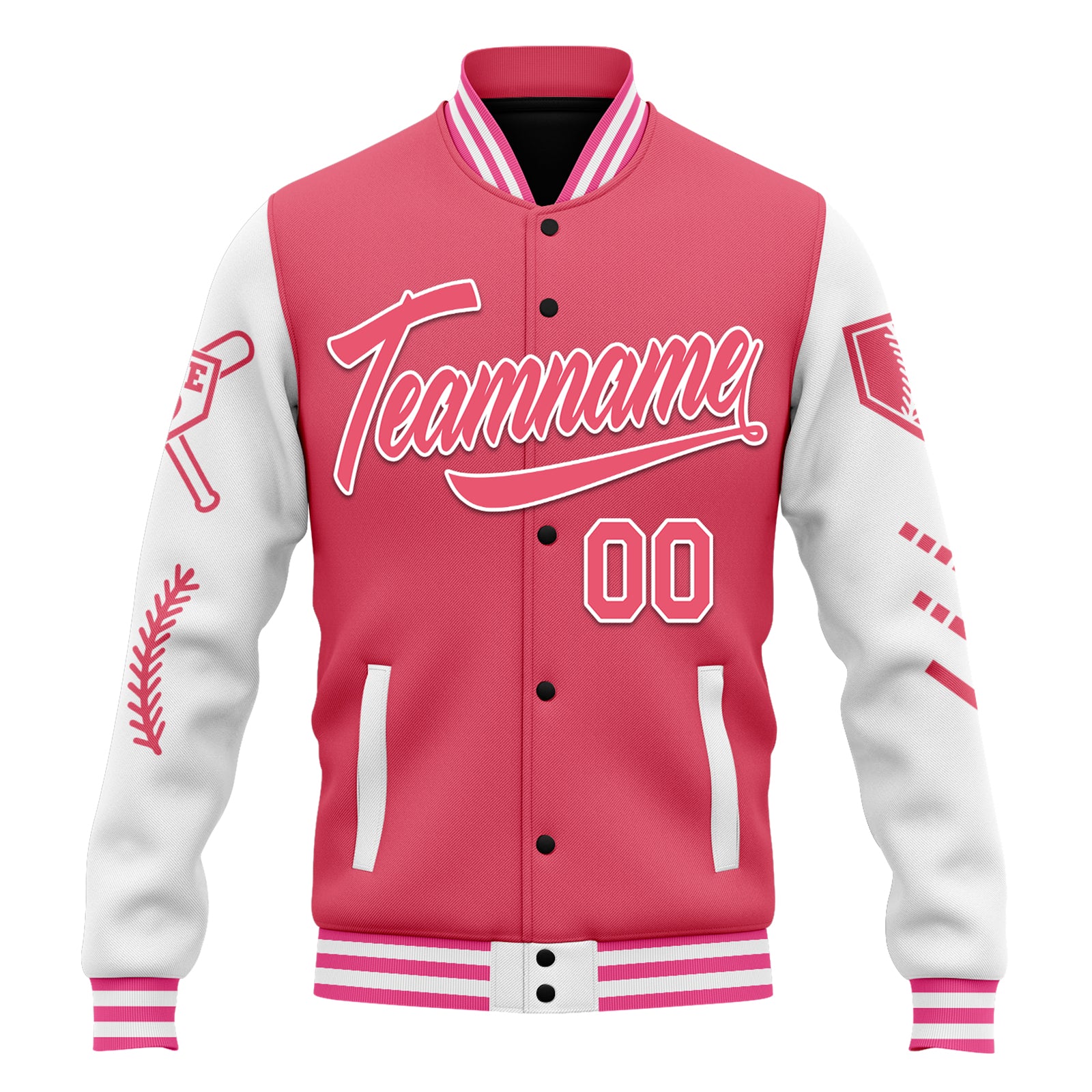 Custom Pink White Raglan Sleeves Jacket Bomber Full-Snap Varsity Letterman Personalized Jacket FZ005-D023002-7
