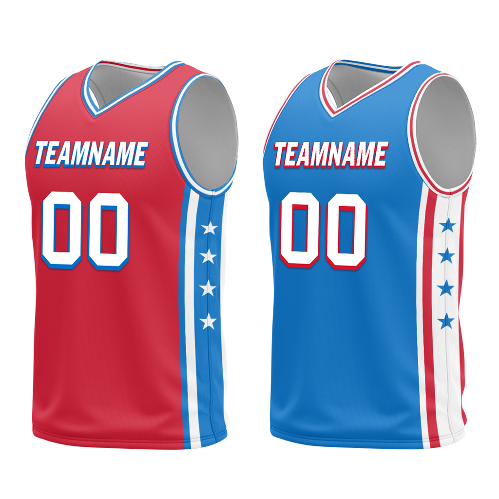 Custom Red Blue Classic Style Reversible Basketball Uniform Personalized COOLMAX BBJR-D017022