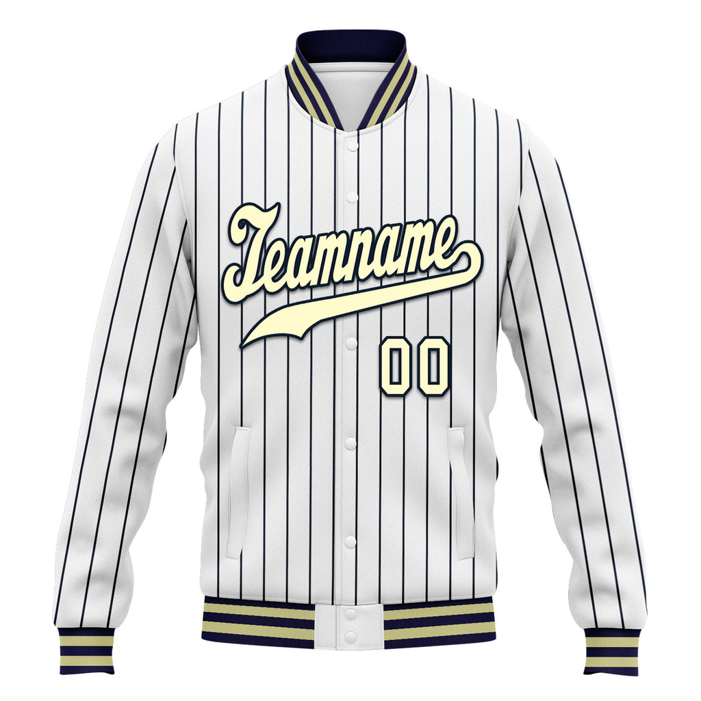 Custom White Navy Stripe Fashion Jacket Bomber Full-Snap Varsity Letterman Personalized Jacket FZ005-D020219-25