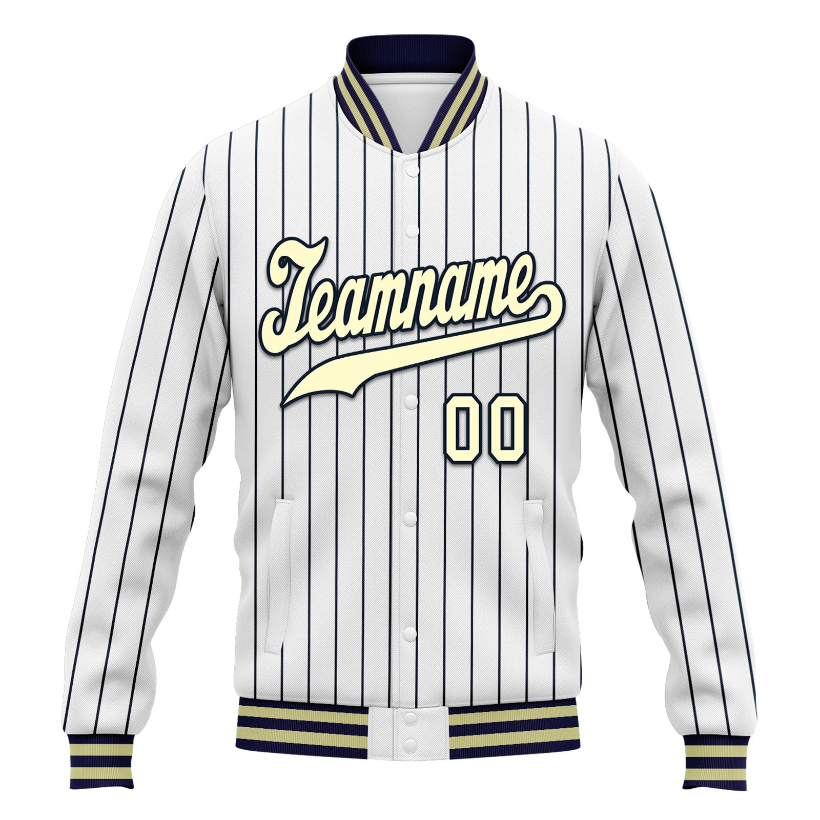 Custom White Navy Stripe Fashion Jacket Bomber Full-Snap Varsity Letterman Personalized Jacket FZ005-D020219-25