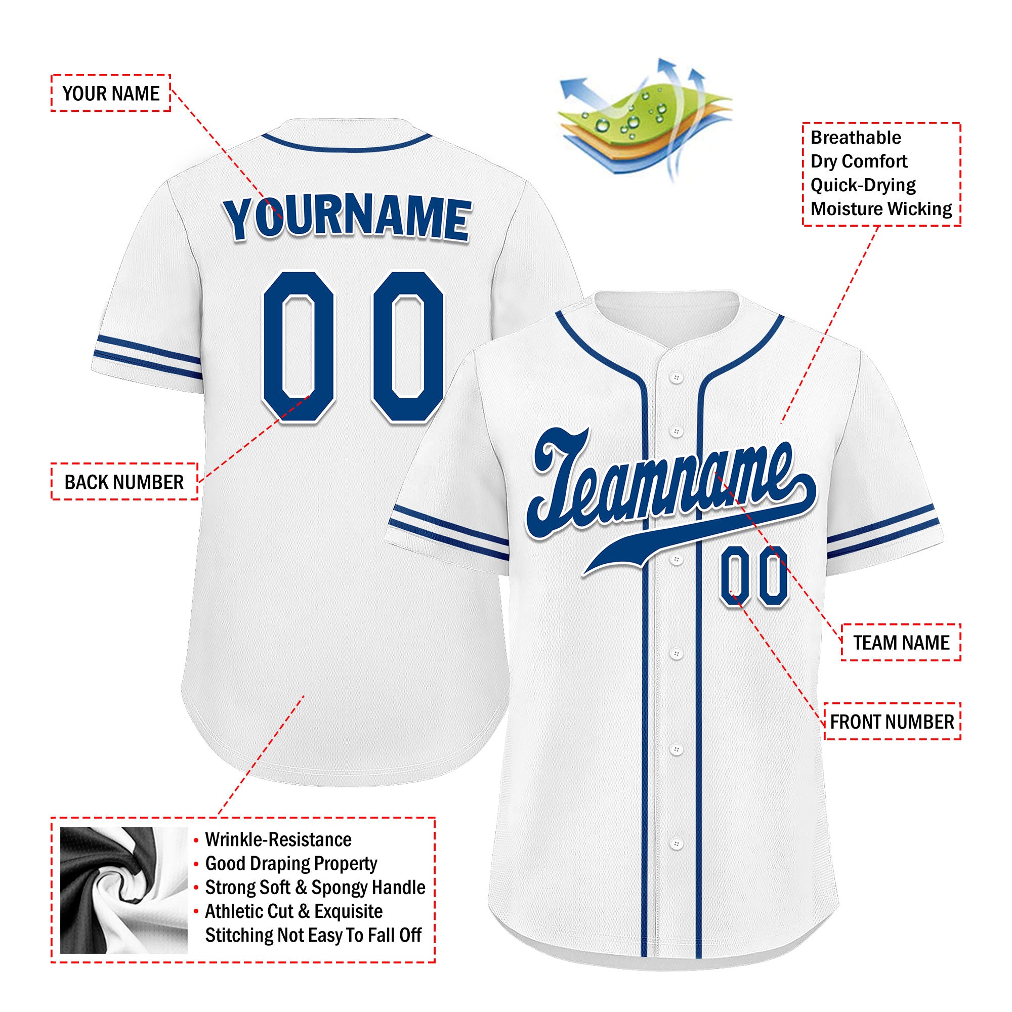 Custom White & Blue Embroidered Baseball Jersey