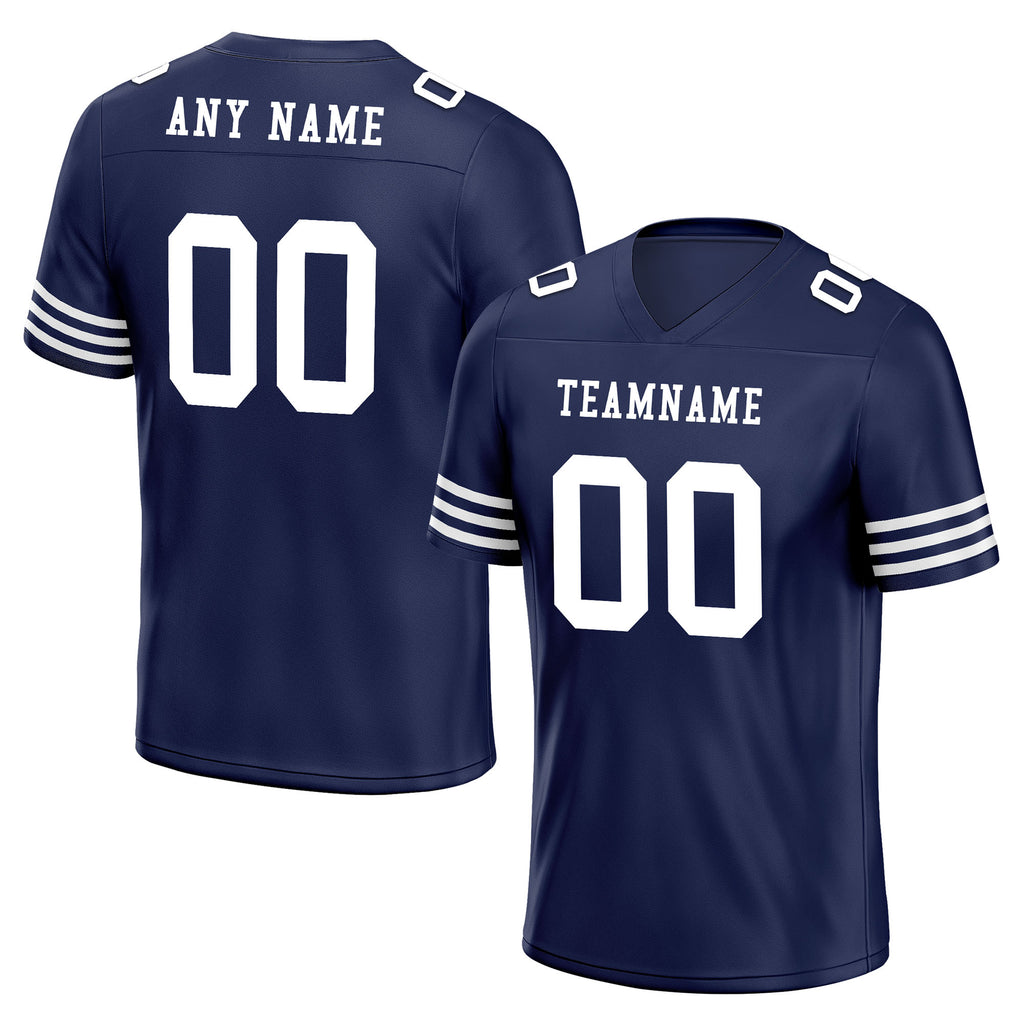 Custom Dark Blue White Striped Sleeves Personalized Authentic Football Jersey FBJ02-D06035