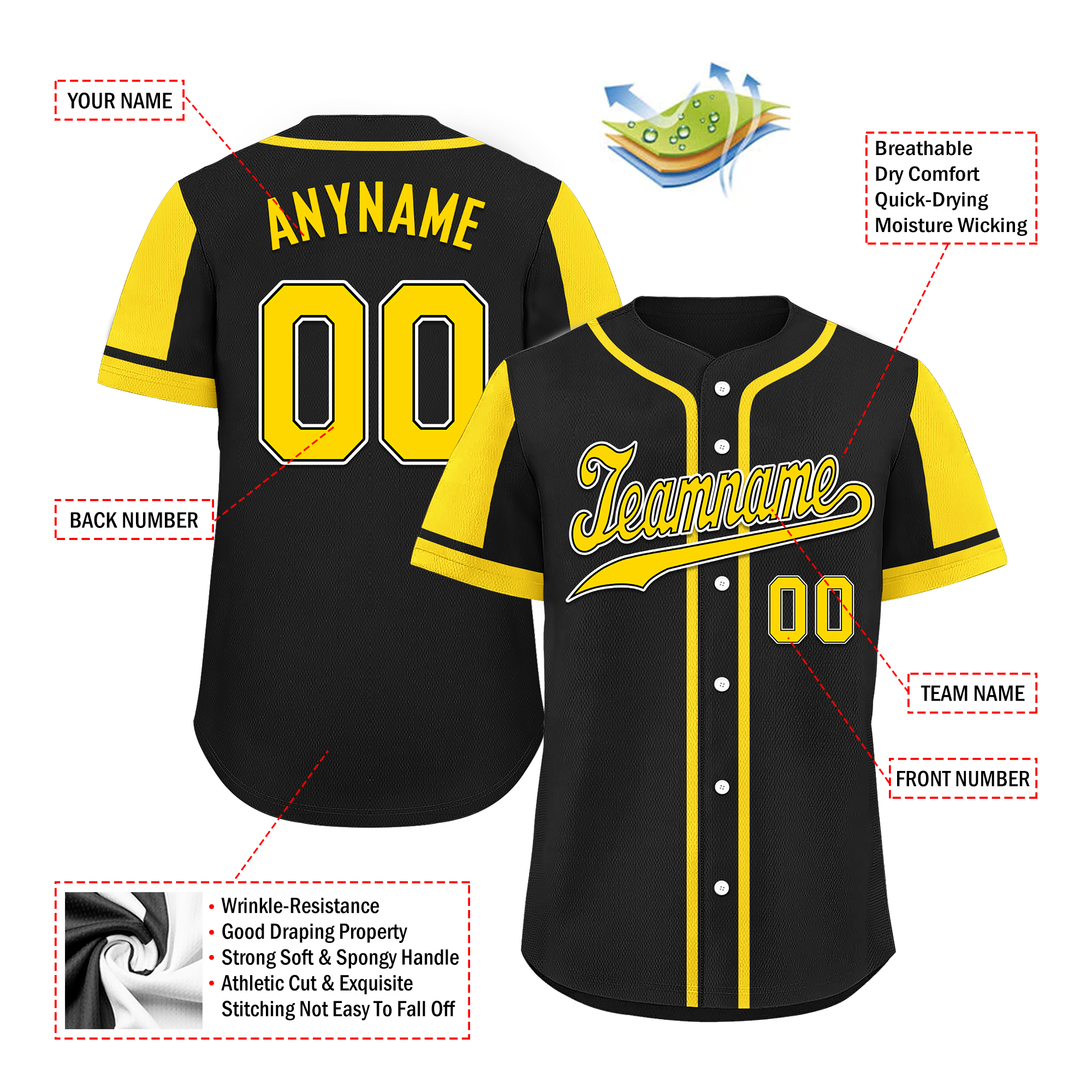 Custom Black Yellow Raglan Sleeves Personalized Authentic Baseball Jersey BSBJ01-D017171