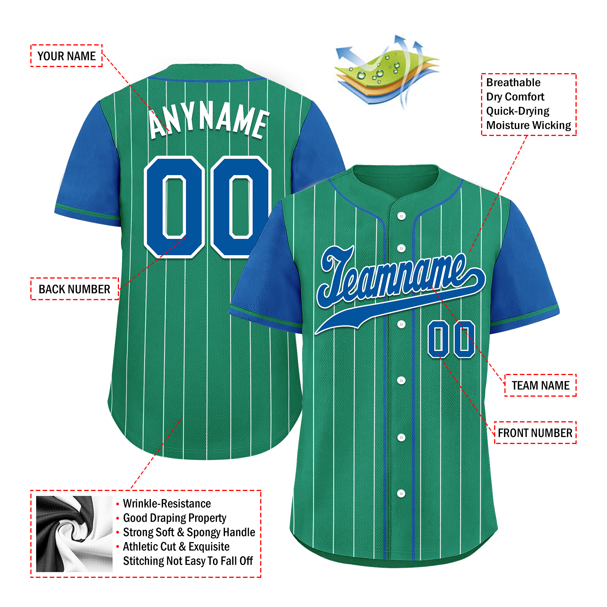 Custom Green Blue Stripe Baseball Jersey – Embroidered
