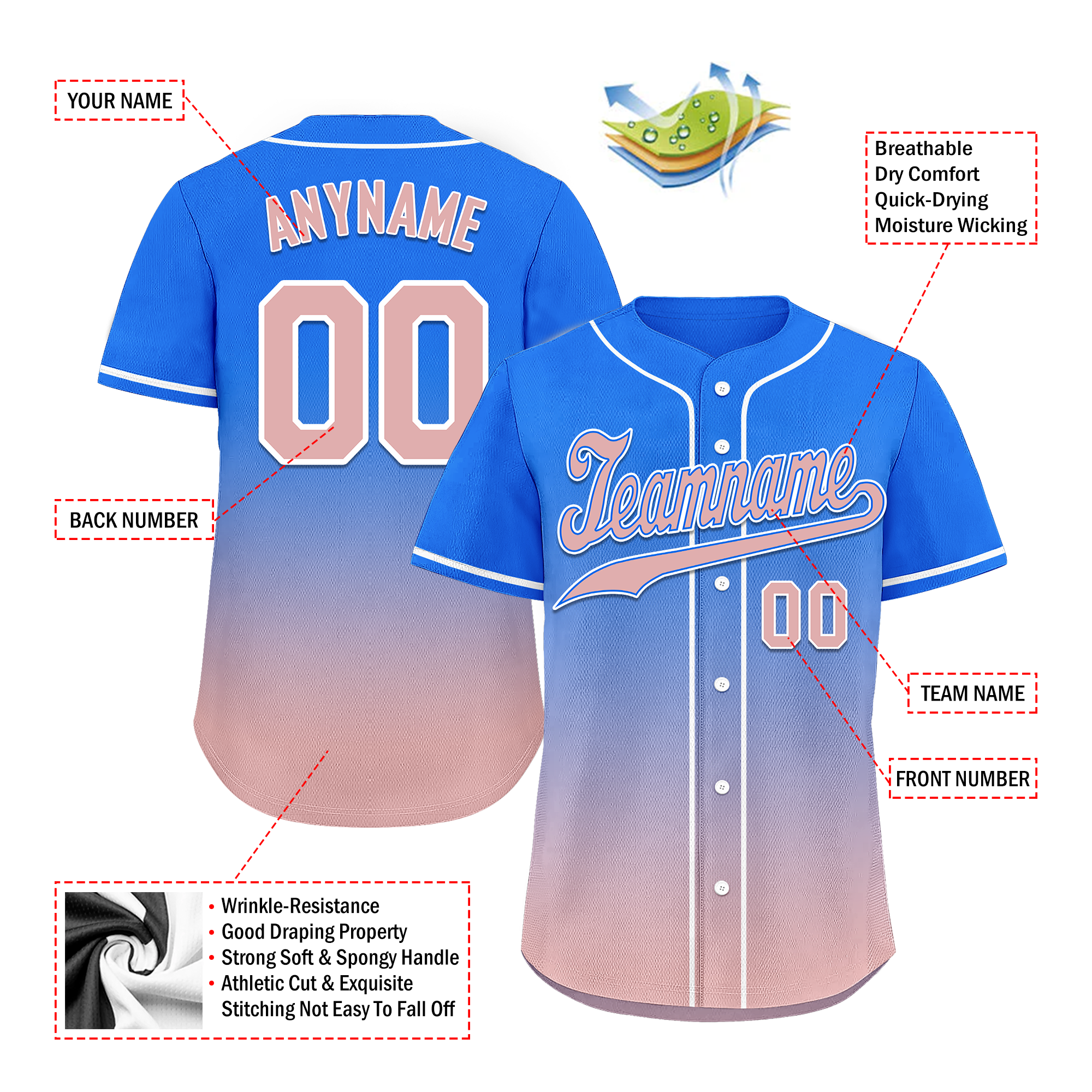 Custom Blue Pink Fade Embroidered Baseball Jersey