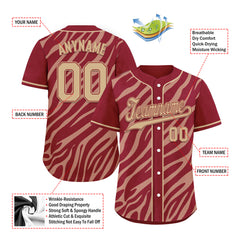 Custom Tan Burgundy Zebra Pattern Personalized Authentic Baseball Jersey BSBJ01-D020201-7