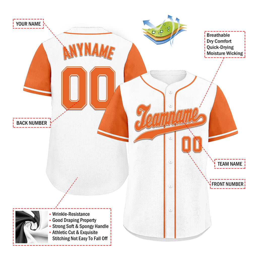 Custom White Orange Raglan Sleeves Personalized Authentic Baseball Jersey BSBJ01-D020200-3