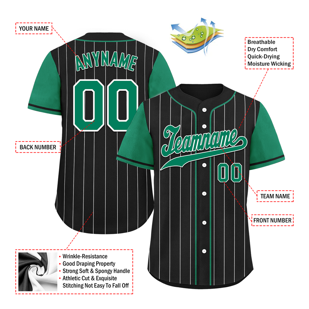 Custom Black Green Stripe Baseball Jersey, 100% Polyester