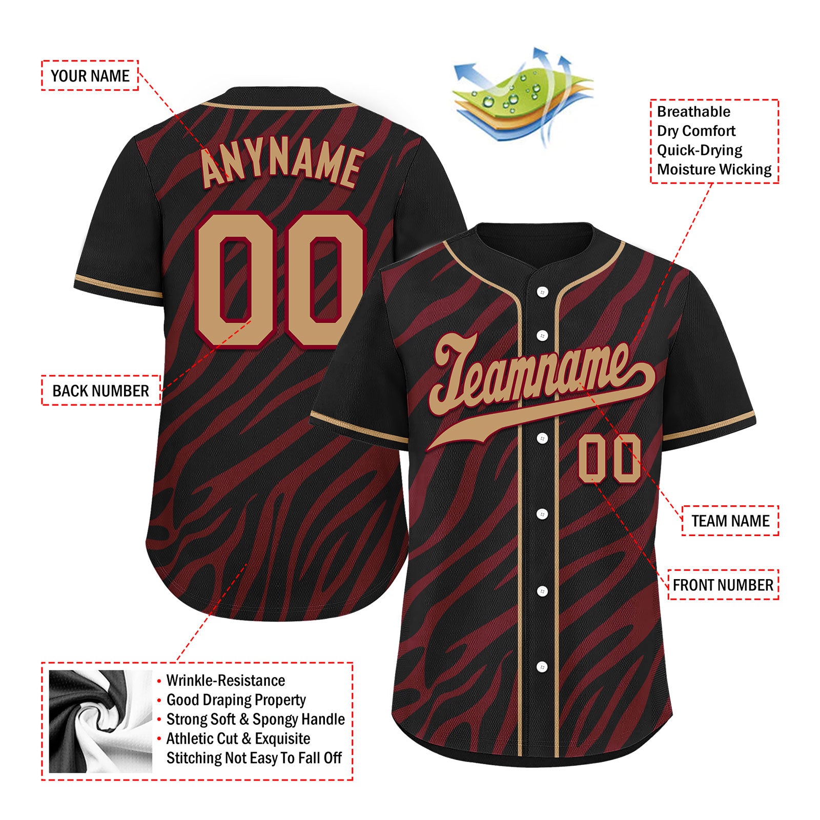 Custom Black Burgundy Zebra Pattern Personalized Authentic Baseball Jersey BSBJ01-D020201-9