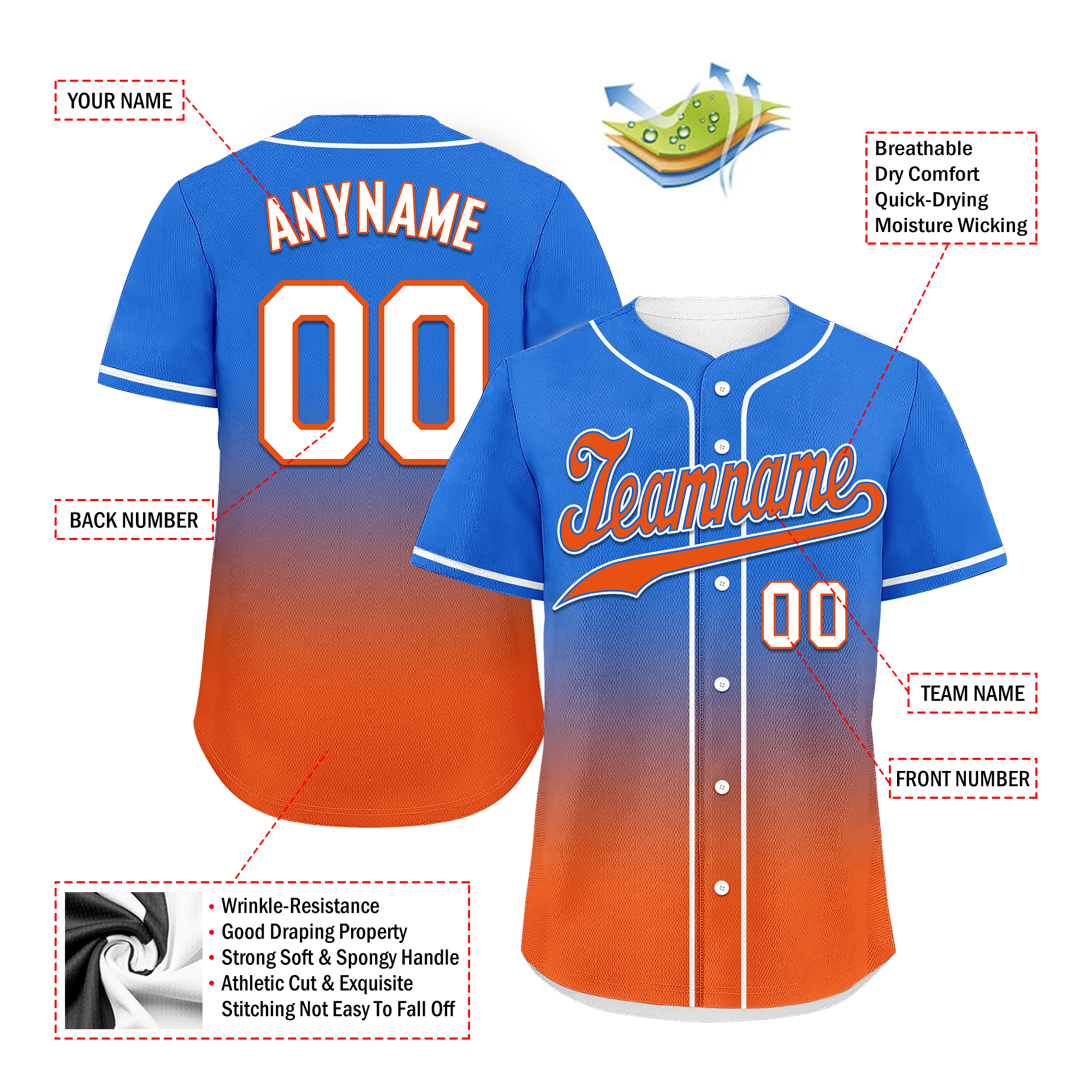 Custom Blue Orange Fade Fashion Personalized Authentic Baseball Jersey BSBJ01-D0a70b7