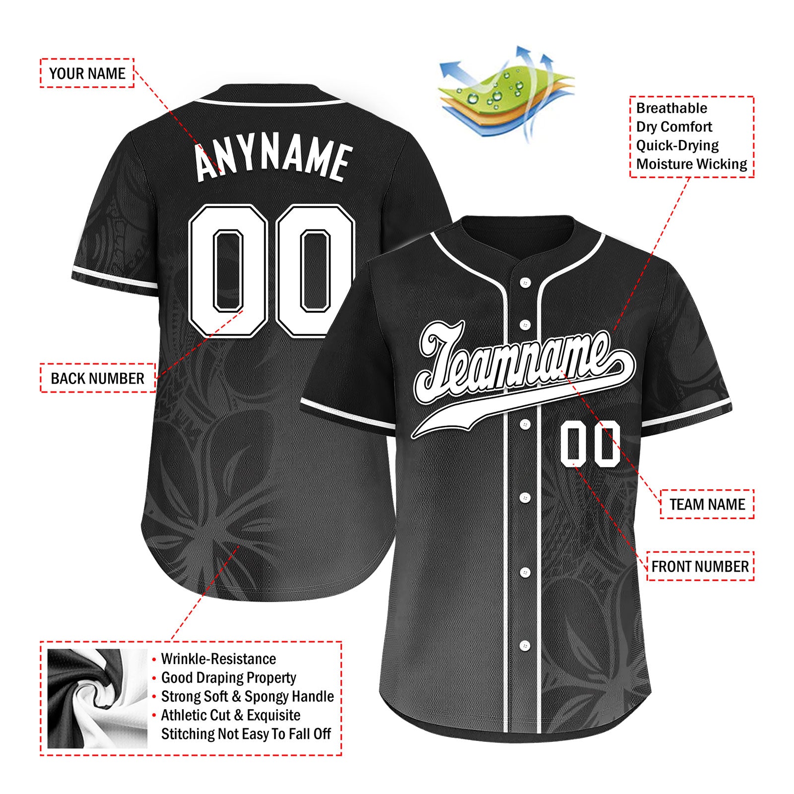 Custom Black Embroidered Baseball Jersey, 100% Polyester