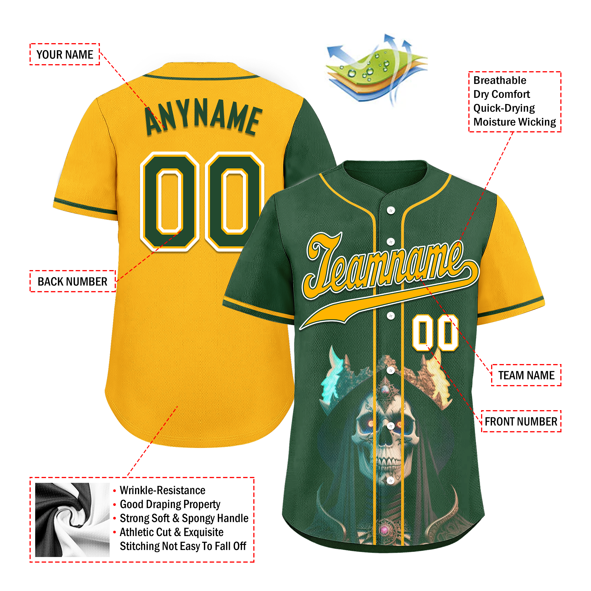 Custom Green Yellow Skull Fashion Personalized Authentic Baseball Jersey BSBJ01-D017154