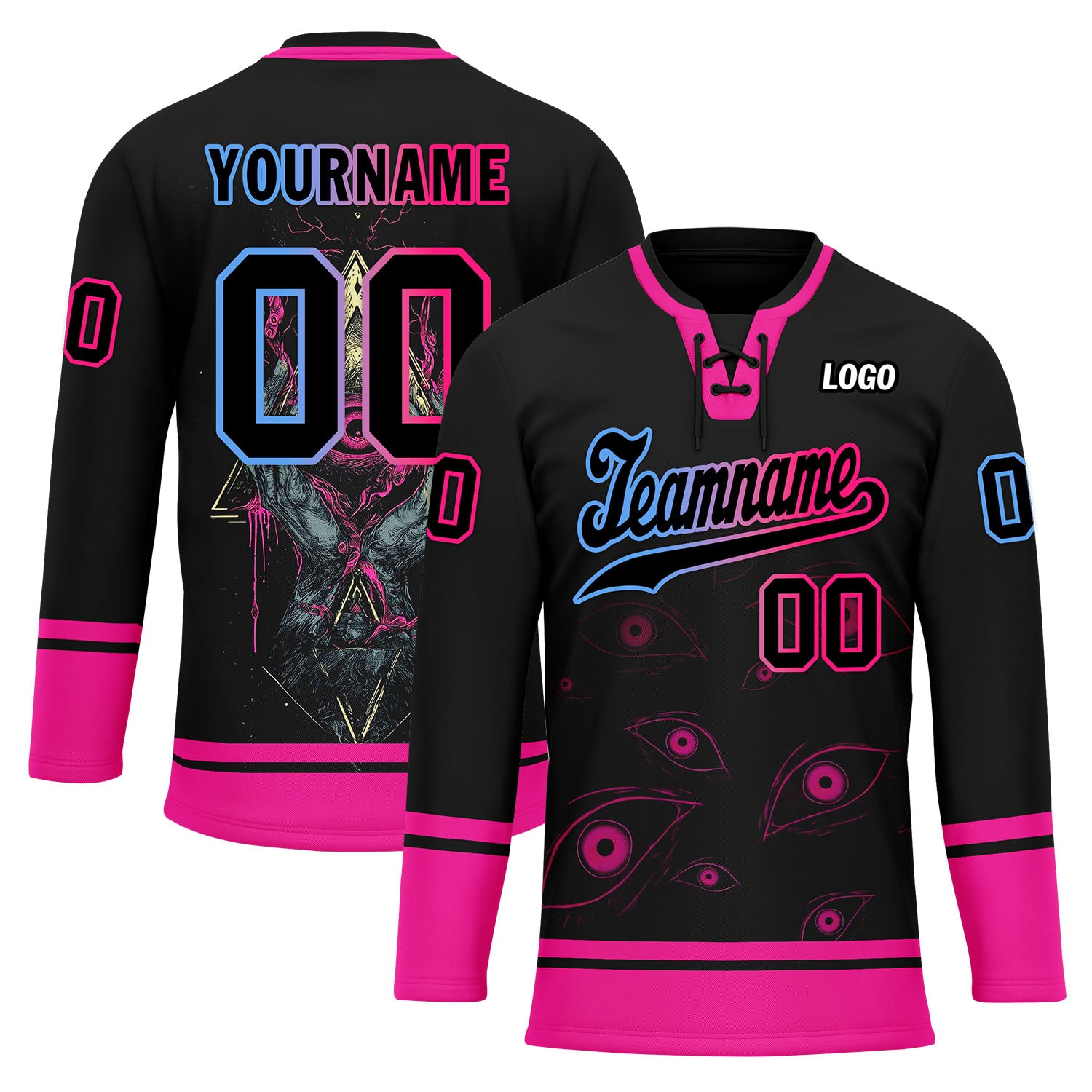 Custom Black Pink Light blue Gothic Personalized Hockey Jersey HCKJ01-E0601-05