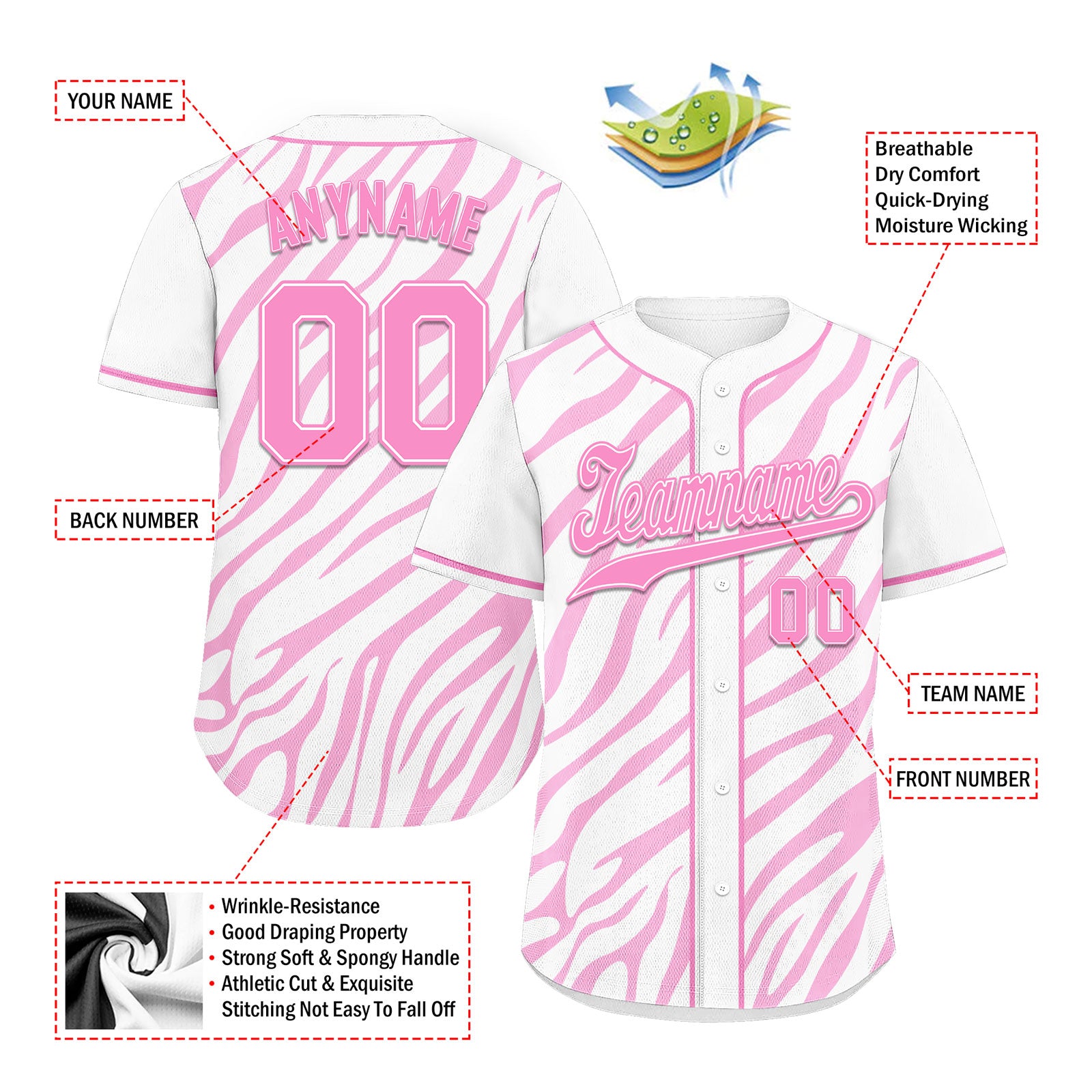 Custom White Pink Zebra Pattern Personalized Authentic Baseball Jersey BSBJ01-D020201-20