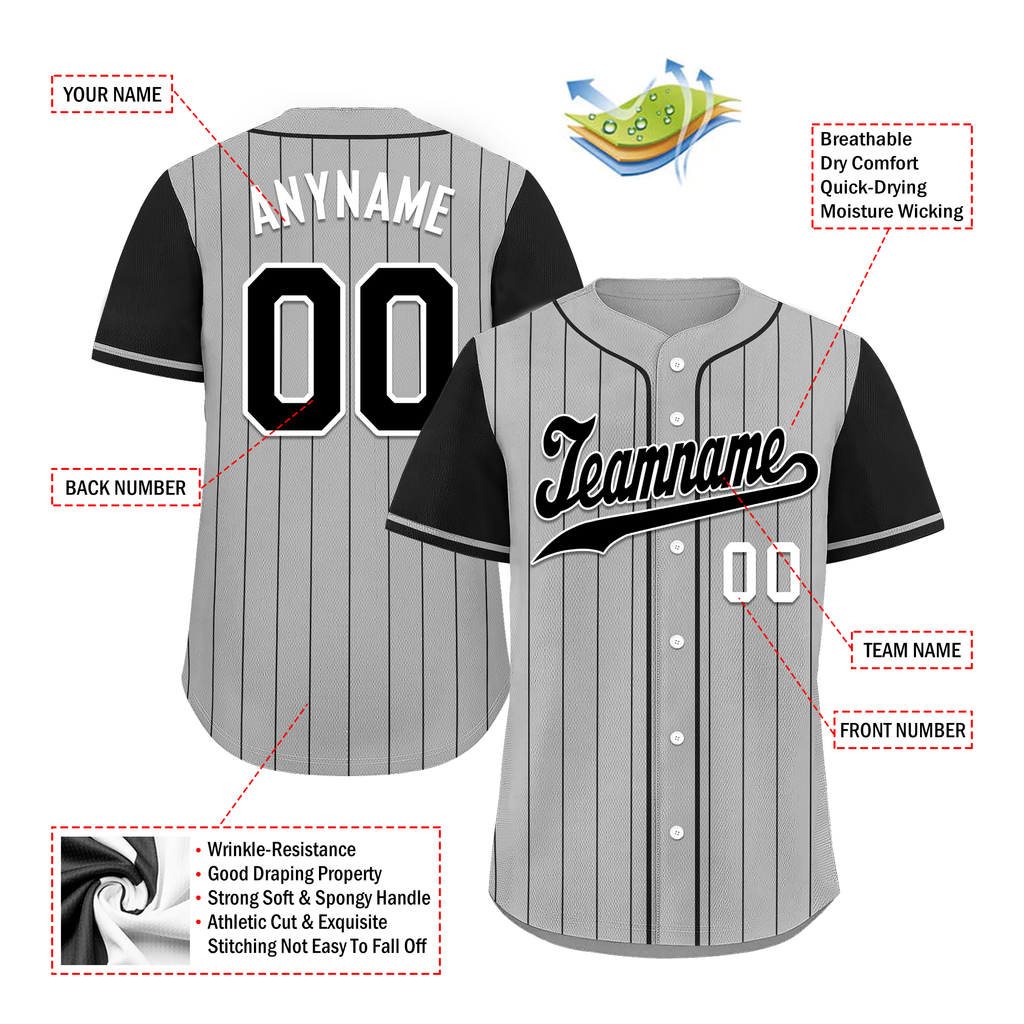Custom Gray Black Stripe Embroidered Baseball Jersey