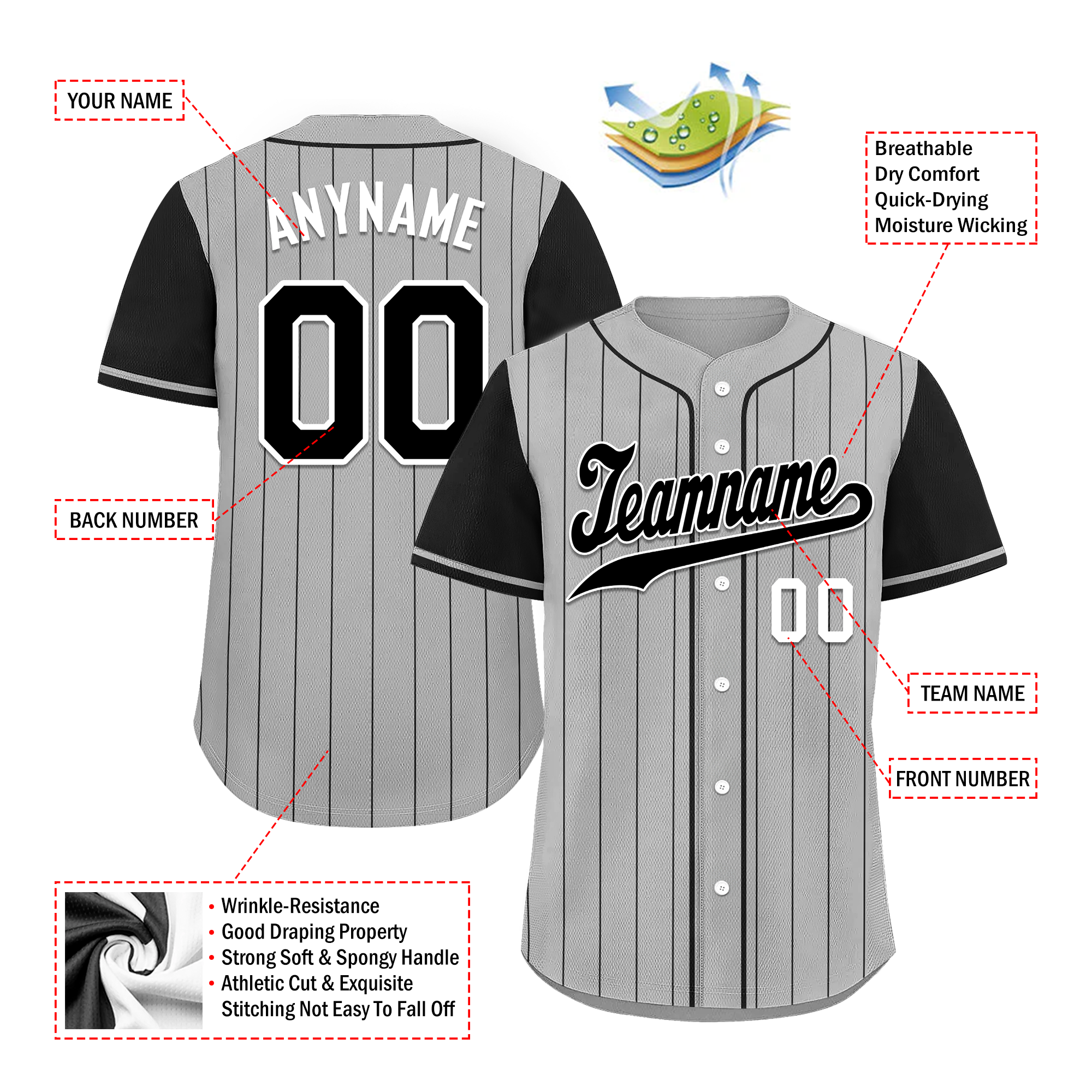 Custom Gray Black Stripe Embroidered Baseball Jersey