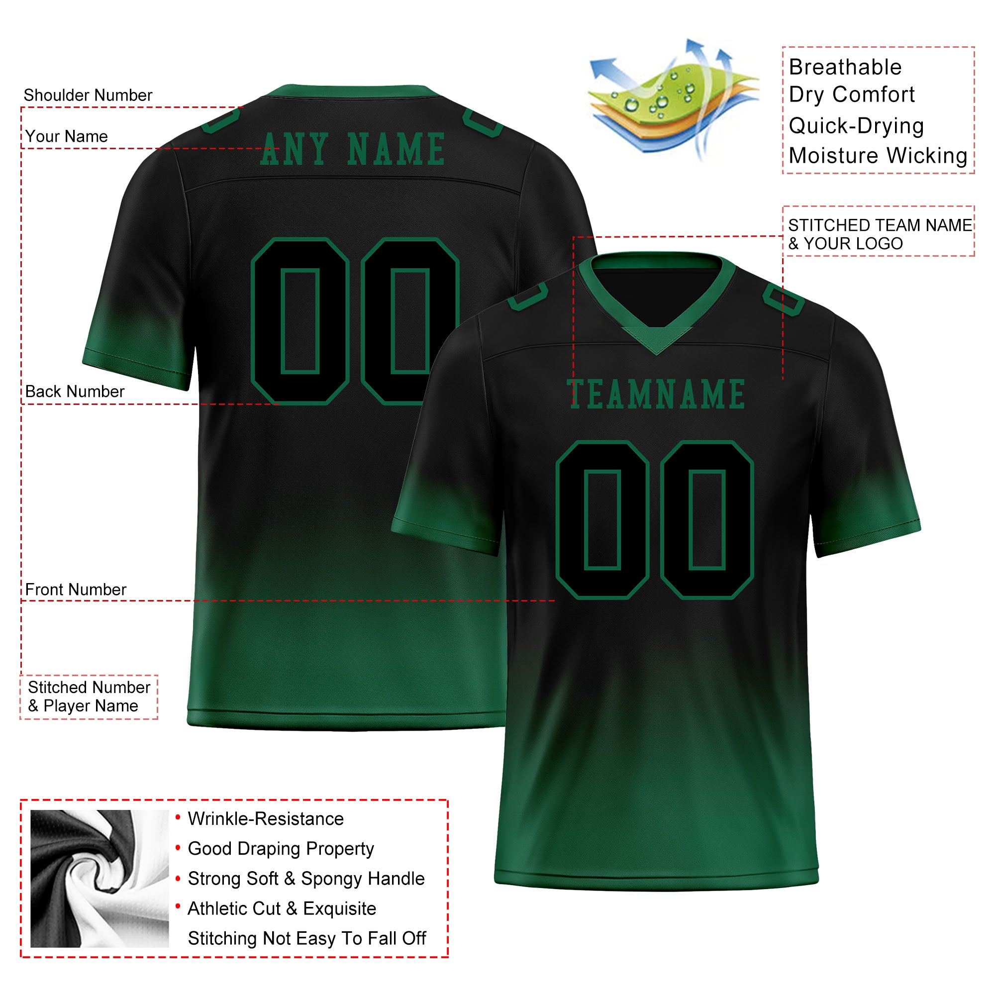 Custom Dark Geen Fade Fashion Personalized Authentic Football Jersey FBJ02-D06086