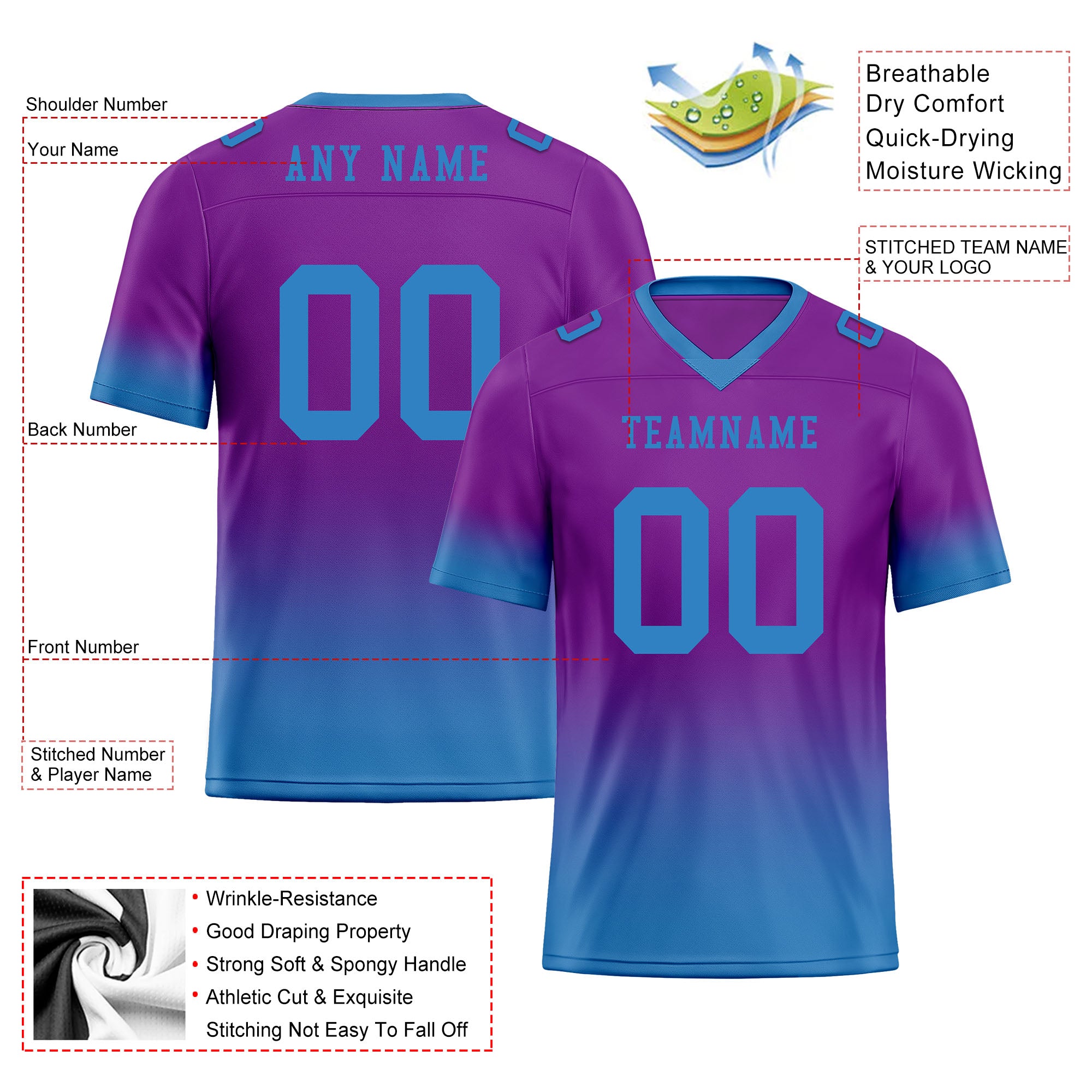 Custom Blue Purple Fade Fashion Personalized Authentic Football Jersey FBJ02-D06108