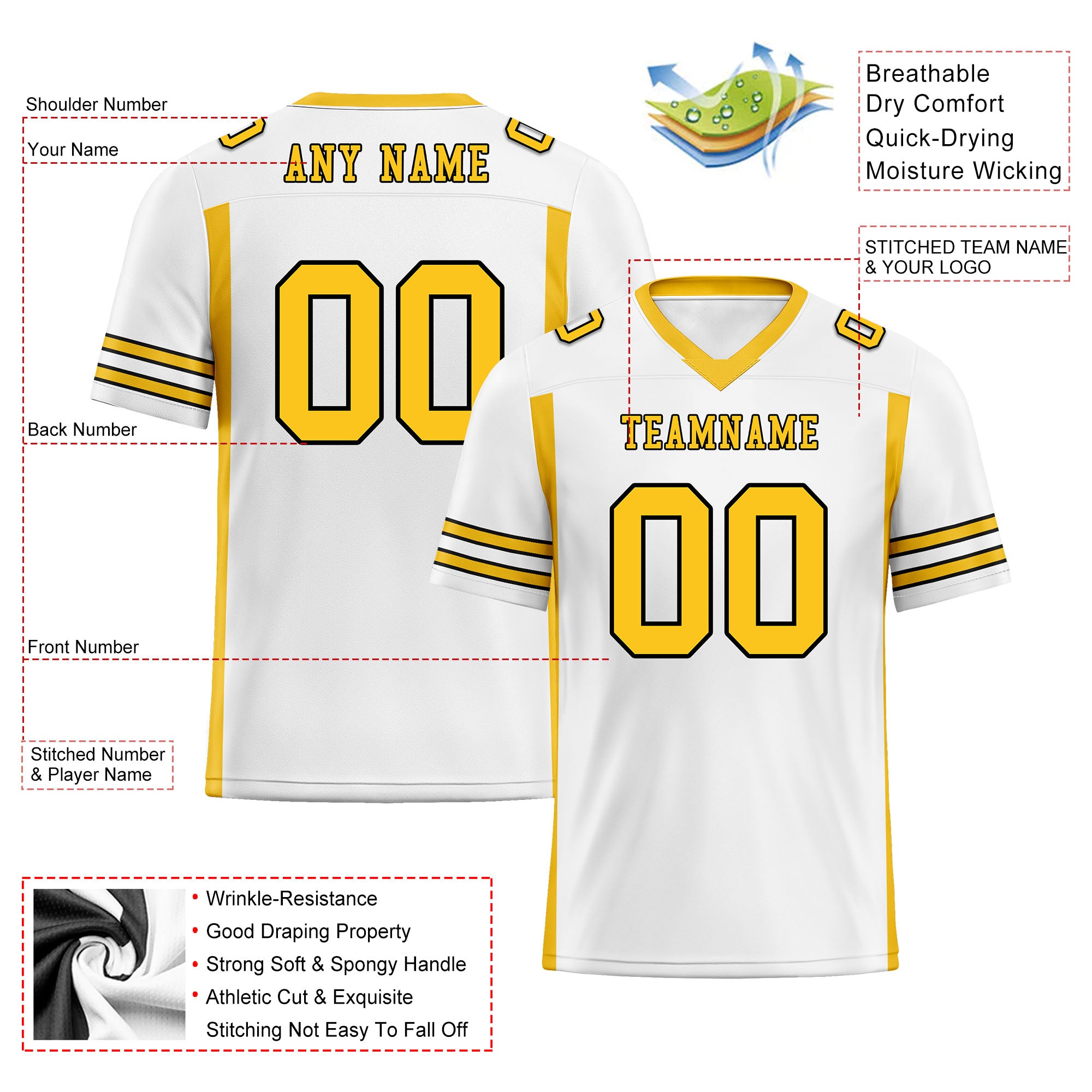 Custom White Yellow Striped Sleeves Personalized Authentic Football Jersey FBJ02-D06052