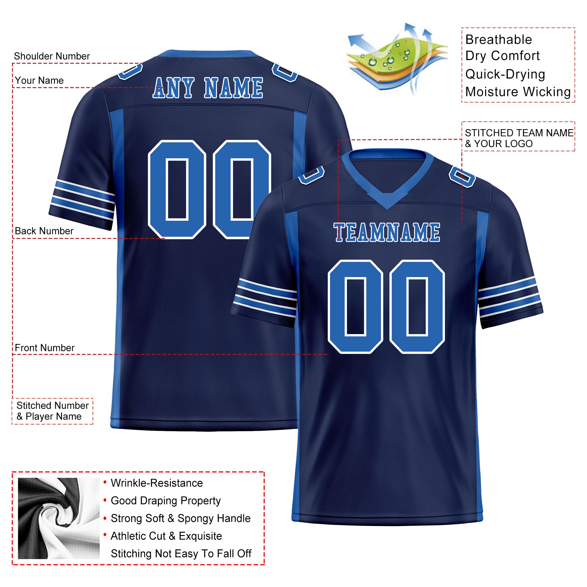 Custom Blue Striped Sleeves Personalized Authentic Football Jersey FBJ02-D06077